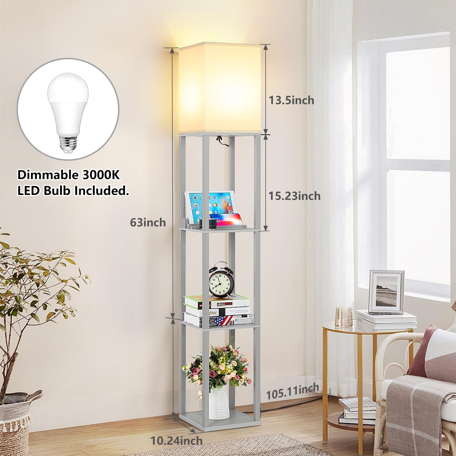 Folksmate Led Shelf Floor Lamp, Modern Touch Control Dimmable Standing Lamp With 2 Usb Ports And 1 Power Outlet, Corner Tall Lam