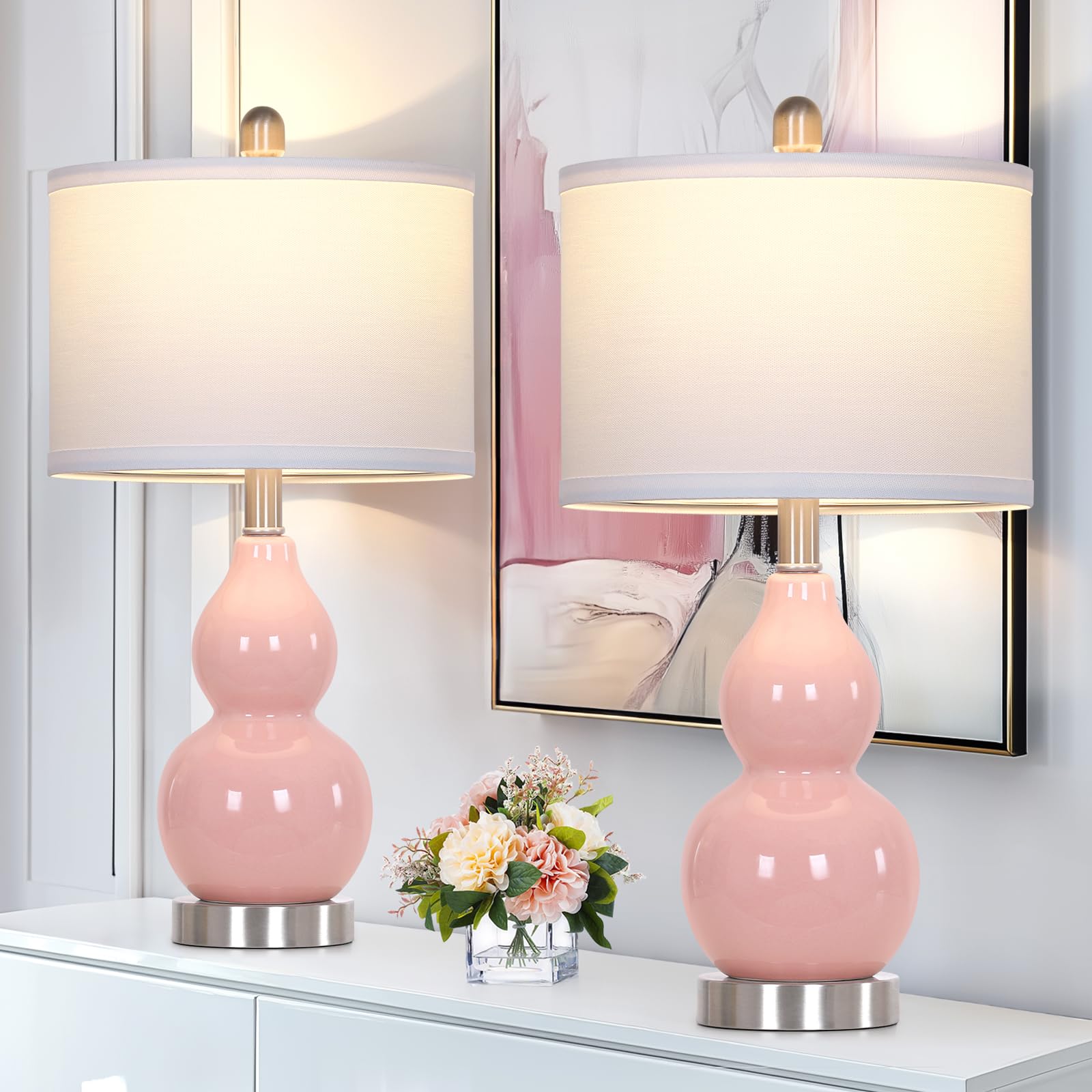 Rinweey Double Gourd Ceramic Table Lamps Set of 2, Modern Pink Bedside Lamps for Night Stand, Contemporary Nightstand Lamps for 