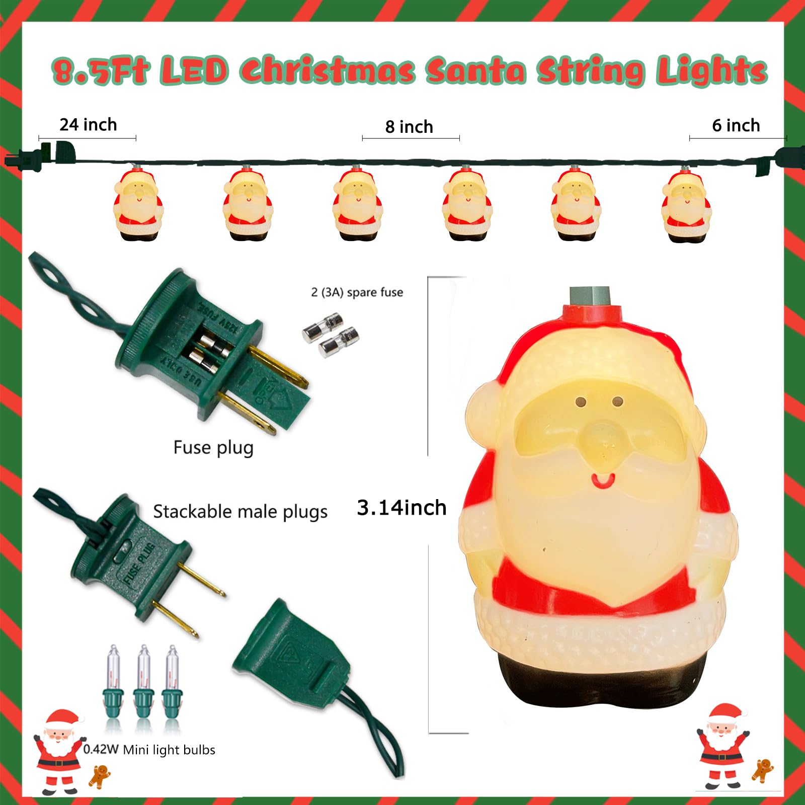 8.5Ft Christmas Santa Claus String Lights Outdoor, 10 LED Christmas Santa-Shaped Decorative Lights Lights Waterproof UL Listed f