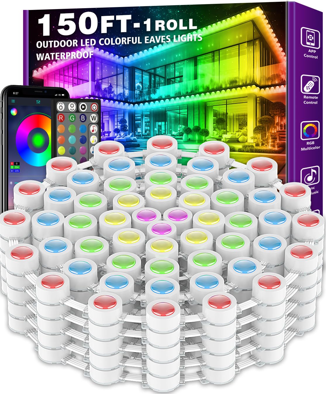 150FT Permanent Outdoor RGB Lights - IP67 Waterproof with Smart App Control Remote, DIY Scene Modes, Music Synchronization, Eave