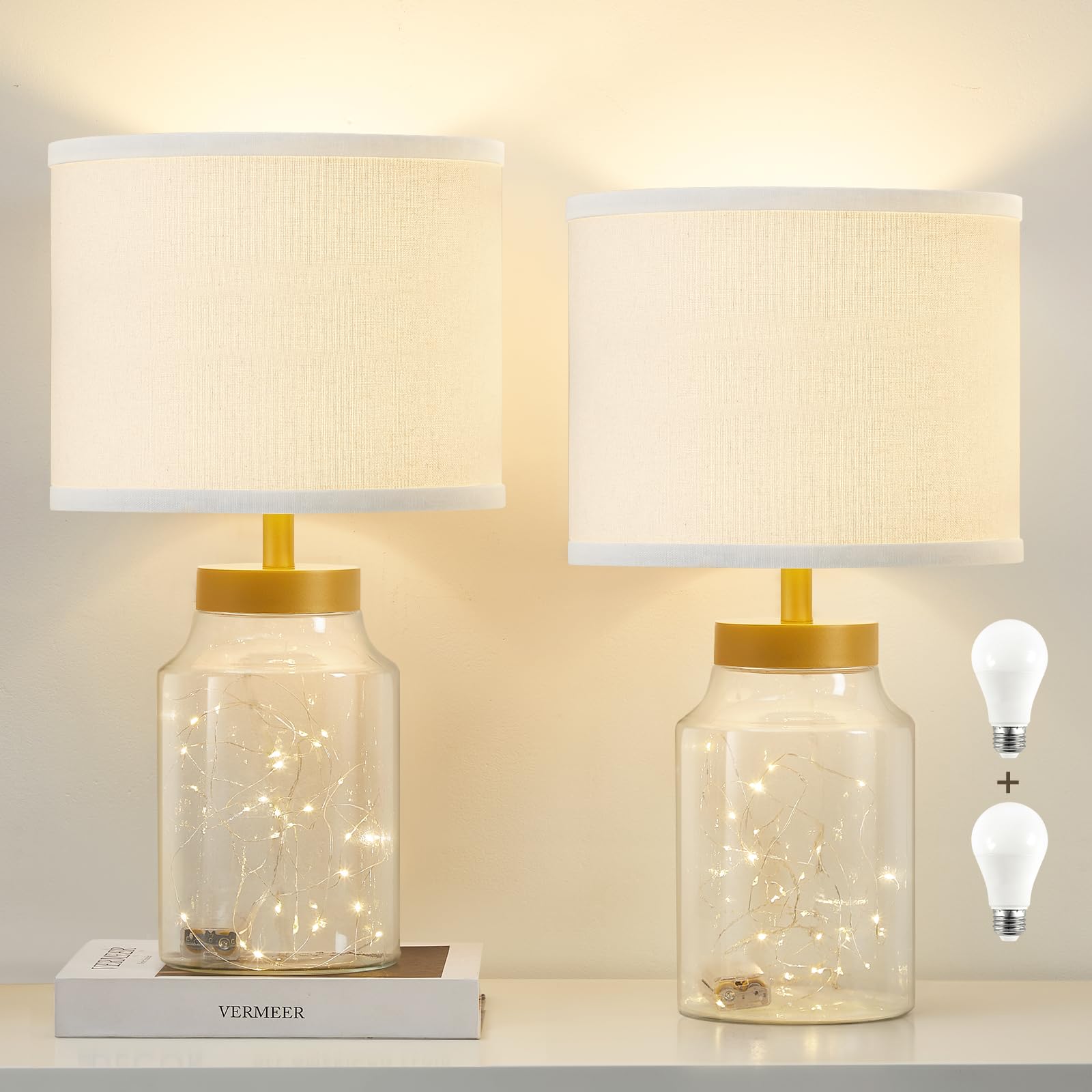 GyroVu Fillable Table Lamp  Bedside Lamp with Clear Glass Fillable Lamp Nightstand Lamp for Living Room Bedrooms Office  Bulbs Included(Gold+White Lampshade)