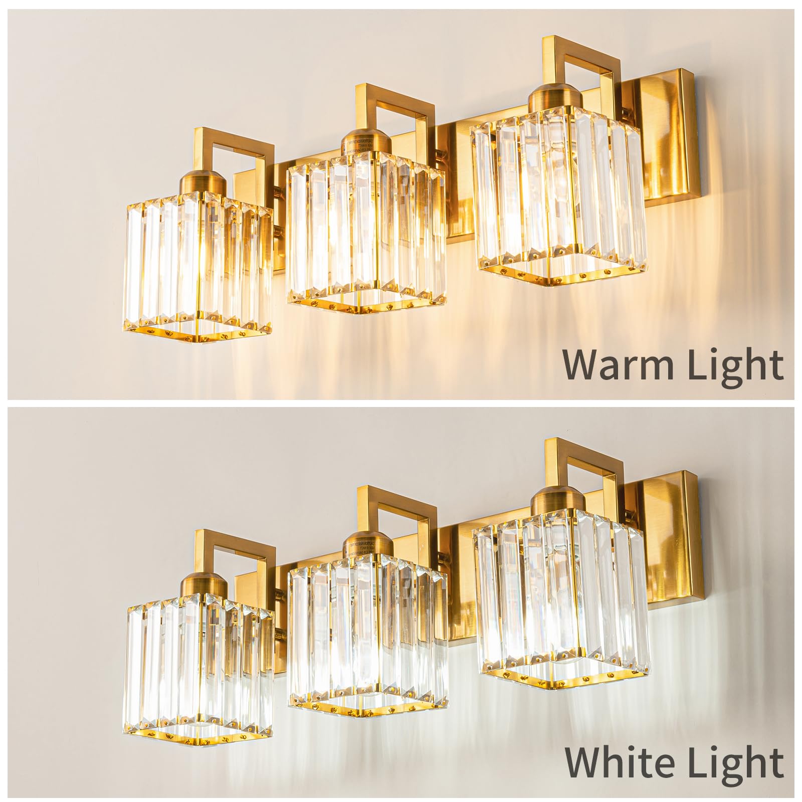 Fdpby Modern Crystal Bathroom Vanity Light - 3-Lights Gold Brushed Brass Finish Wall Lamp