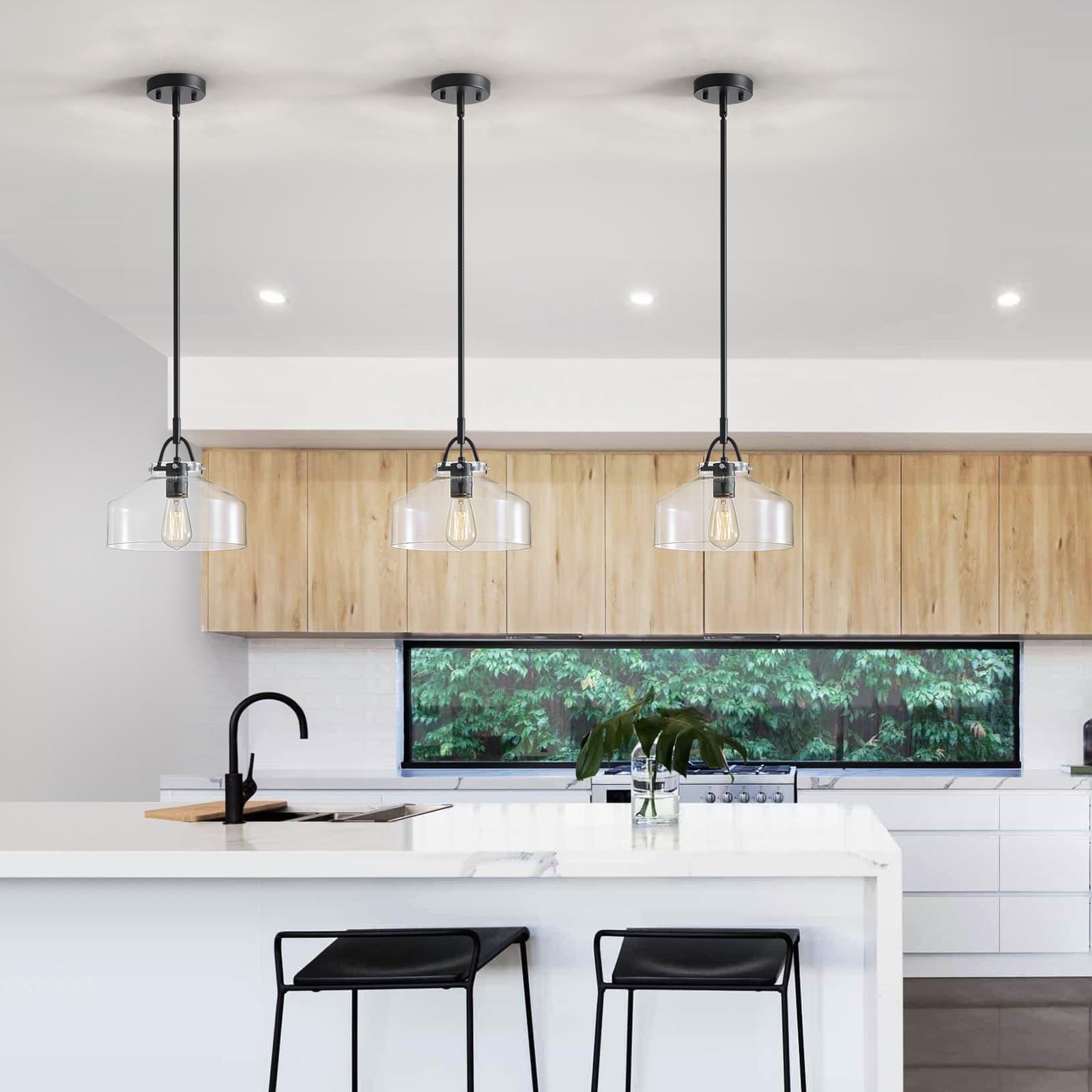 Wuzups Rustic Industrial Chandelier Pendant Light Fixture, Black Metal, 9.4H X 10.6W, E26 Base, Clear Glass Shades For Dining Room, Kitchen, Foyer