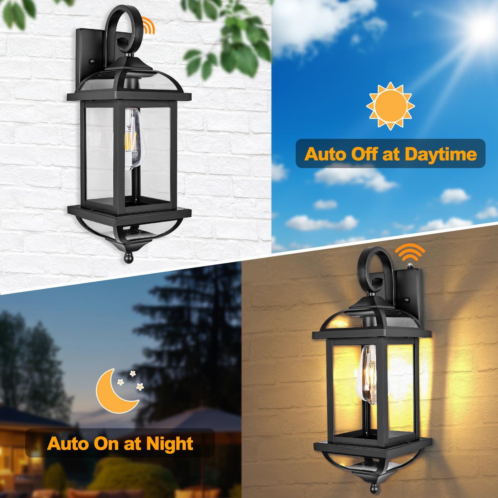 Roravilila Dusk To Dawn Outdoor Lights 2-Pack, Modern Black Aluminum Wall Lanterns, Ip65 Waterproof