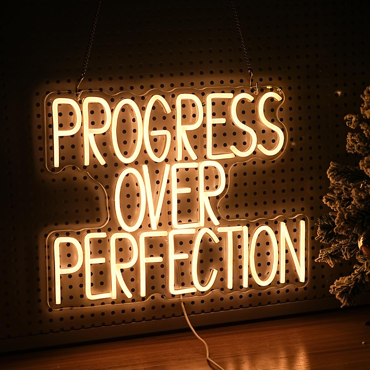 GNVETZLL Progress Over Perfection Neon Sign LED Wall Decor Warm White 16.5x12.6in Acrylic USB Powered