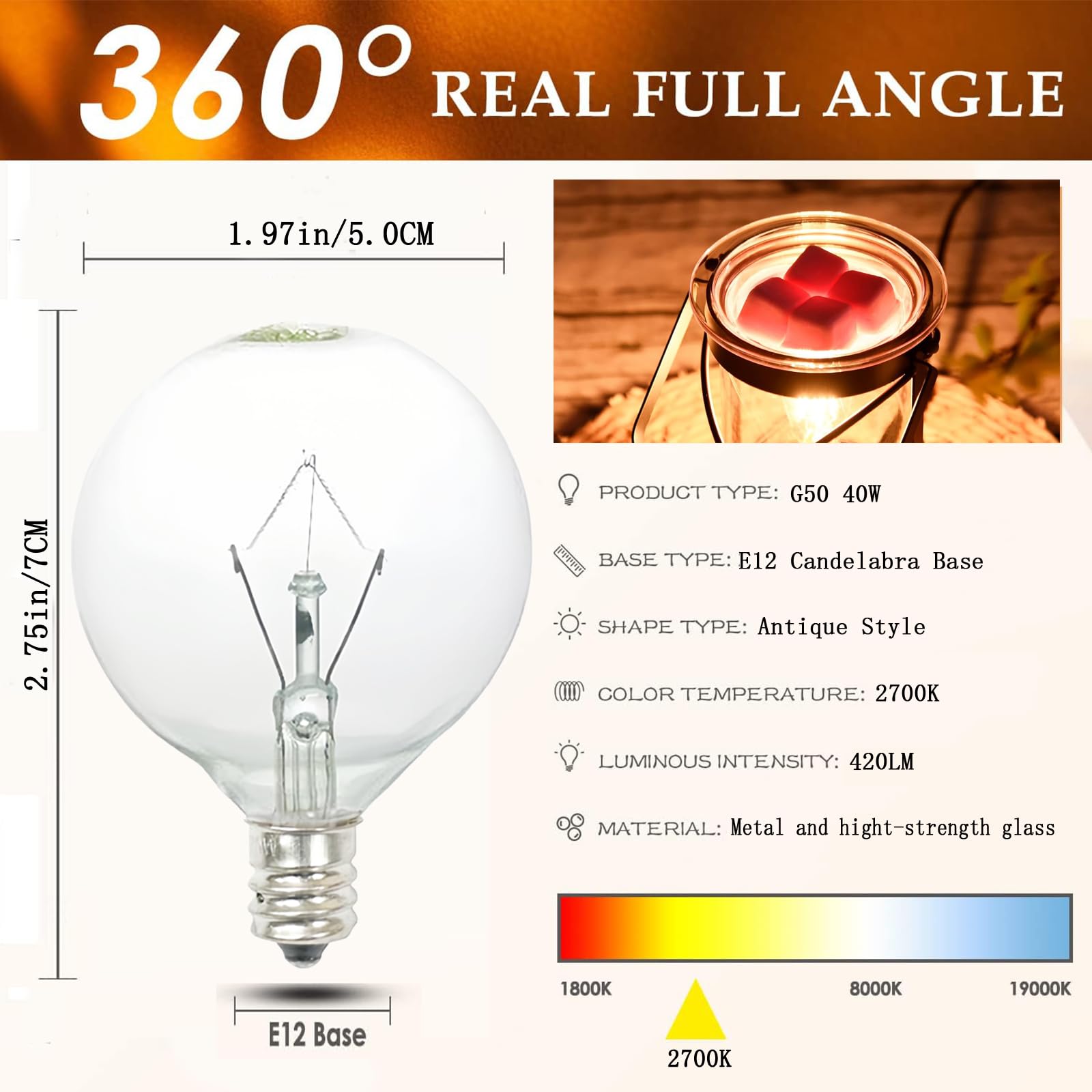 40W Light Bulbs,Wax Warmer Bulbs,E12 Candelabra Base 120 Volt Round Light Bulbs For Full Size Scentsy Warmer ,Wax Melt Warmer,Chandelier Table Lamp Wall Sconces ,Soft Warm White,G50/120V,6 Packs