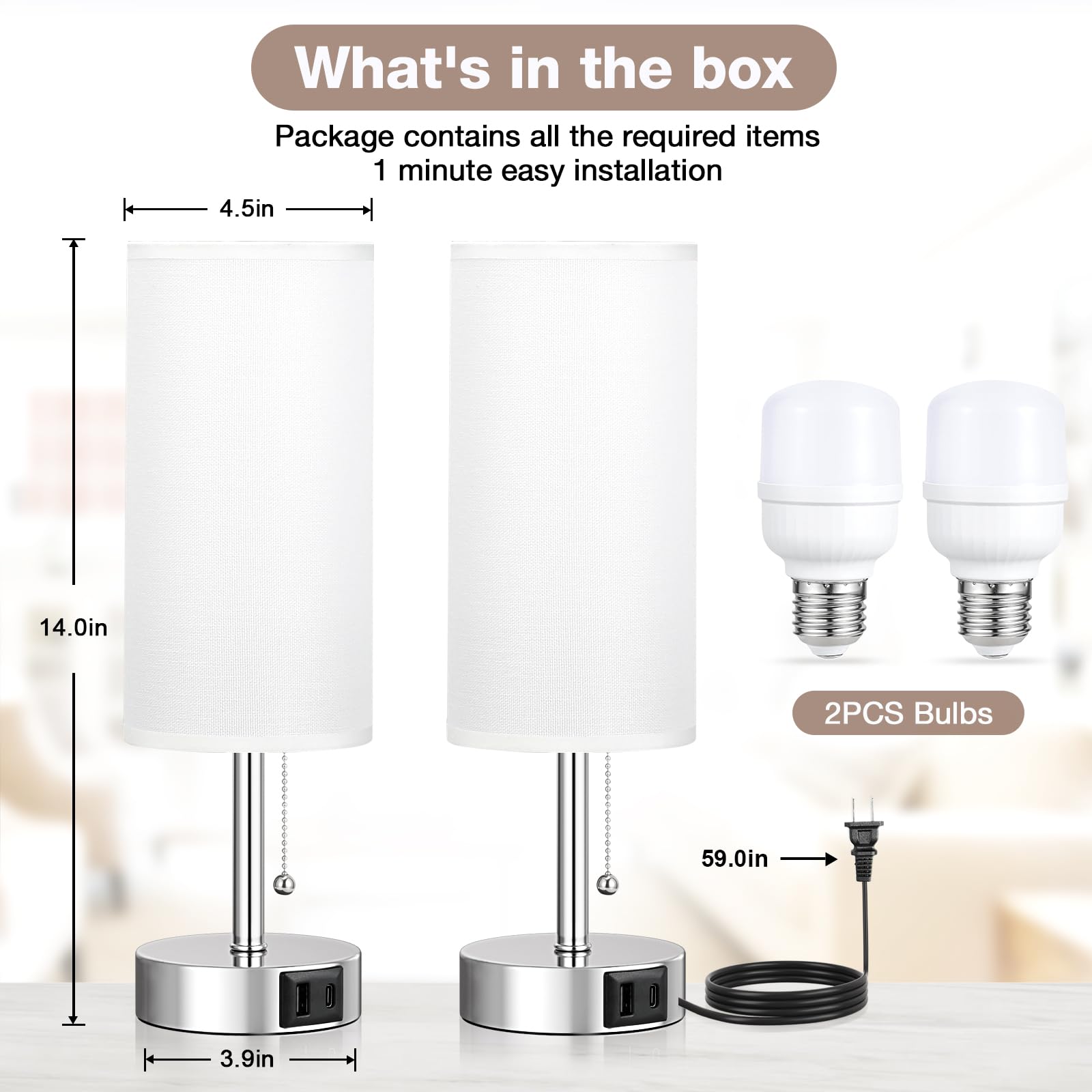 White Bedside Lamps For Bedroom Set Of 2 - Nightstand Lamp With Usb Charging Port, 3 Color Temperatures, Silver Base Night Stand