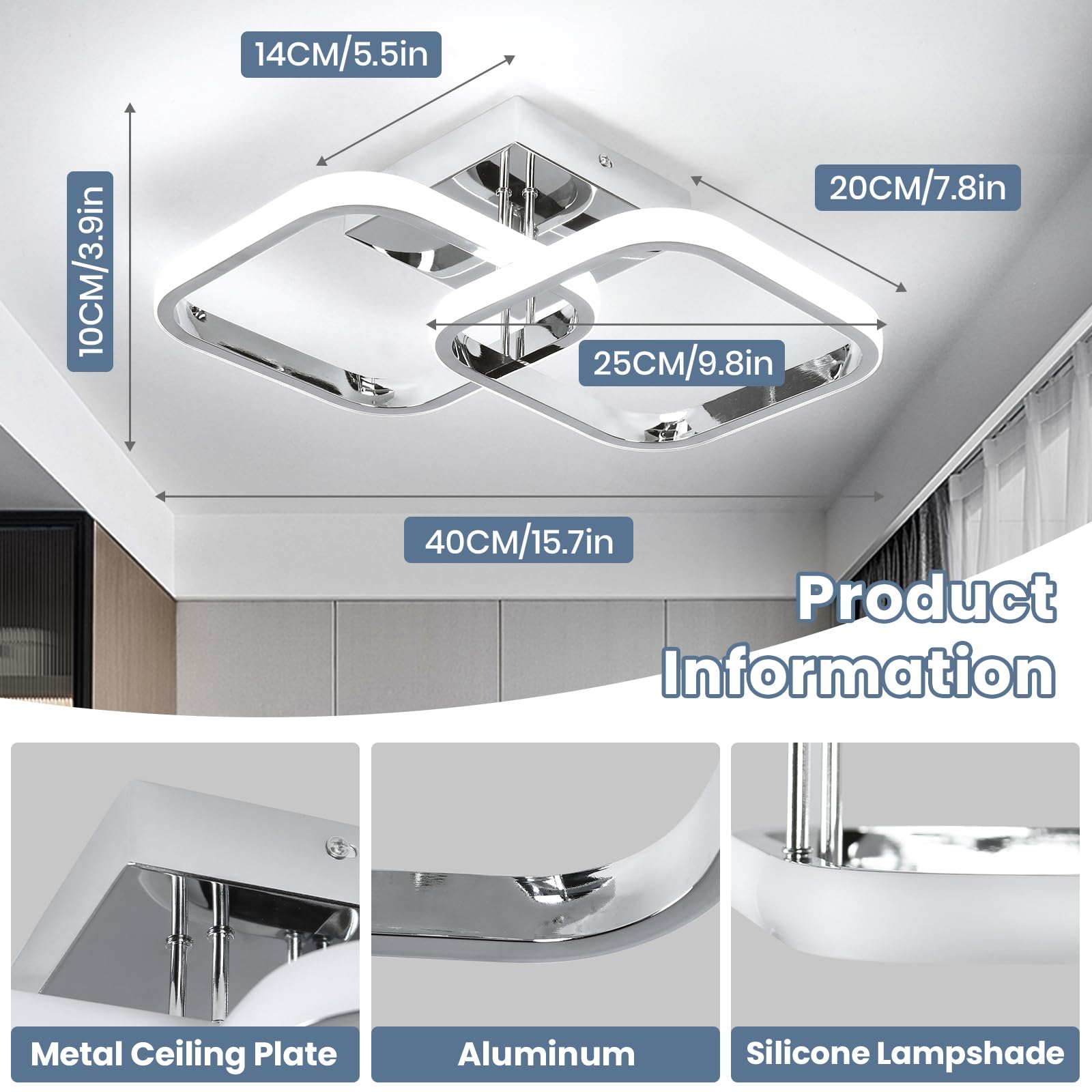 Caneoe 2 Packs Led Ceiling Light Fixture Modern Hallway Light Fixtures Ceiling Lighting Square Close To Ceiling Lights For Bathroom Bedroom Kitchen Balcony Stair Small Hallway Lamp (Chrome)