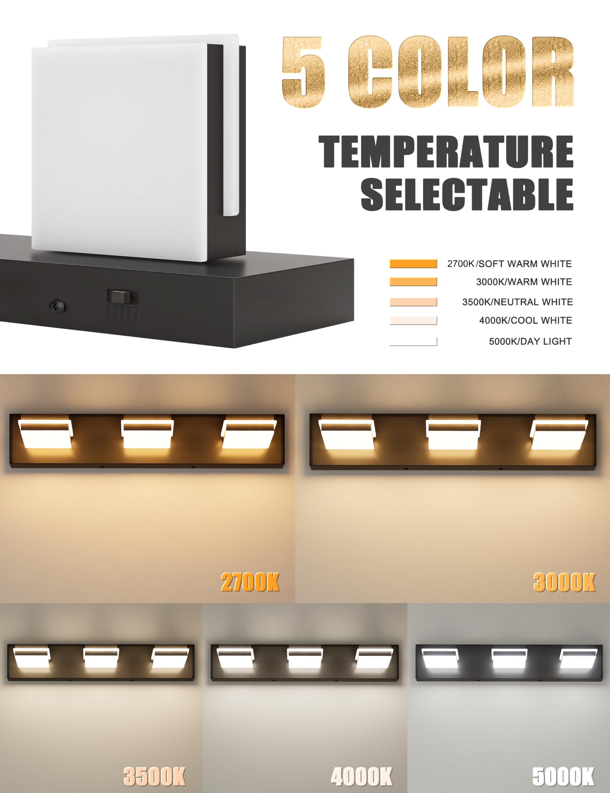 VOLISUN Bathroom Light Fixtures, 3-Light Dimmable LED Vanity Light, 24 Inch, 5CCT, 360° Rotatable, Black, Model 9553F