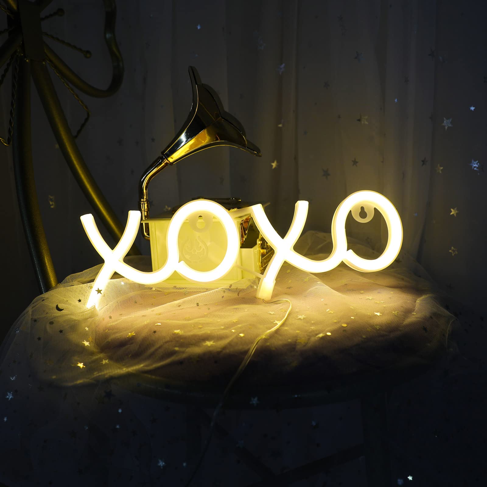 ENUOLI Neon Light Sign, LED Wall Decor, Warm White, 11x3 inches, USB/Battery Powered, Model zNH.NH.G055WW+GG, XOXO-White