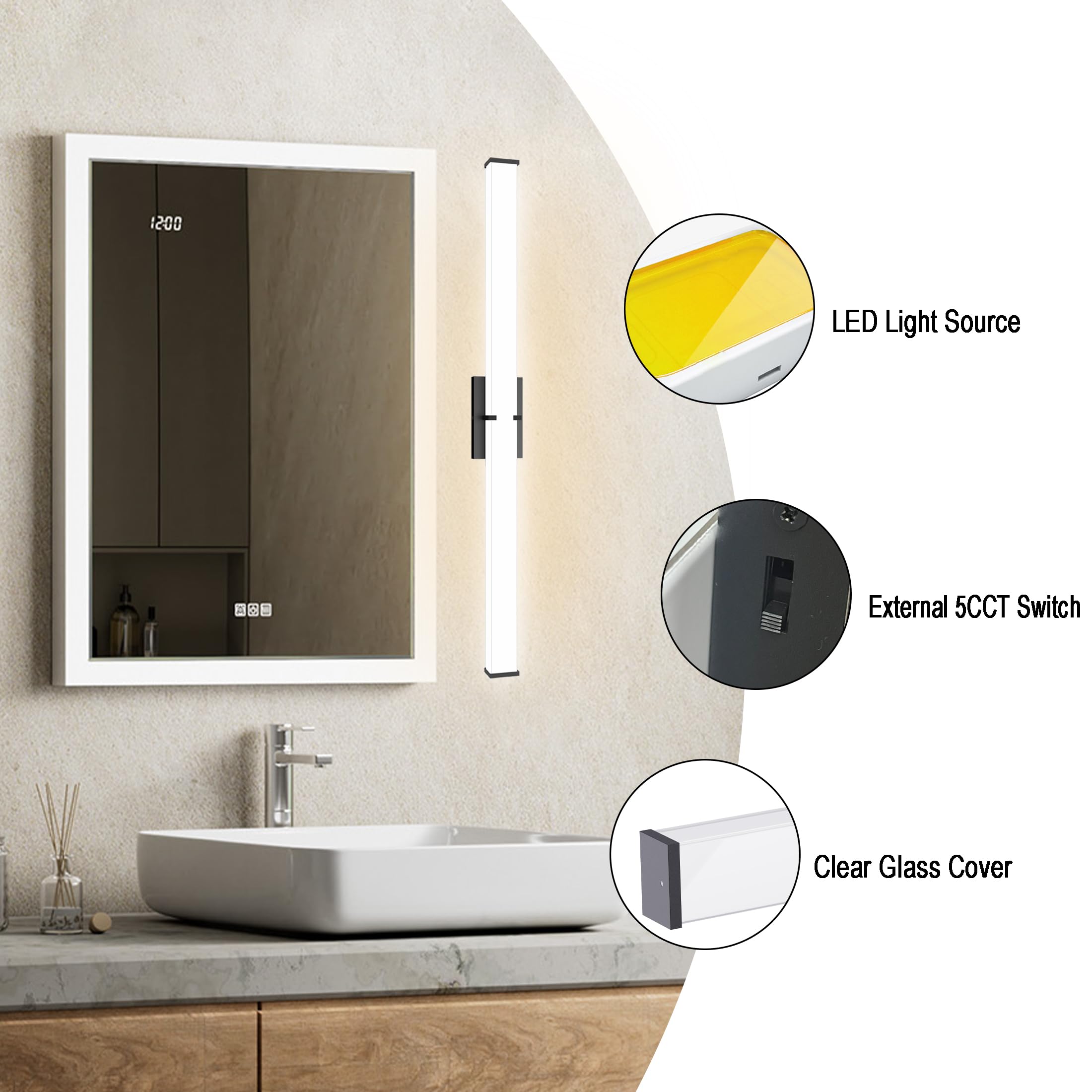 NOVELUX LED Vanity Light Fixture, 31.5 Inch, Dimmable, 5CCT, Black Metal, ETL Listed, Clear Shade