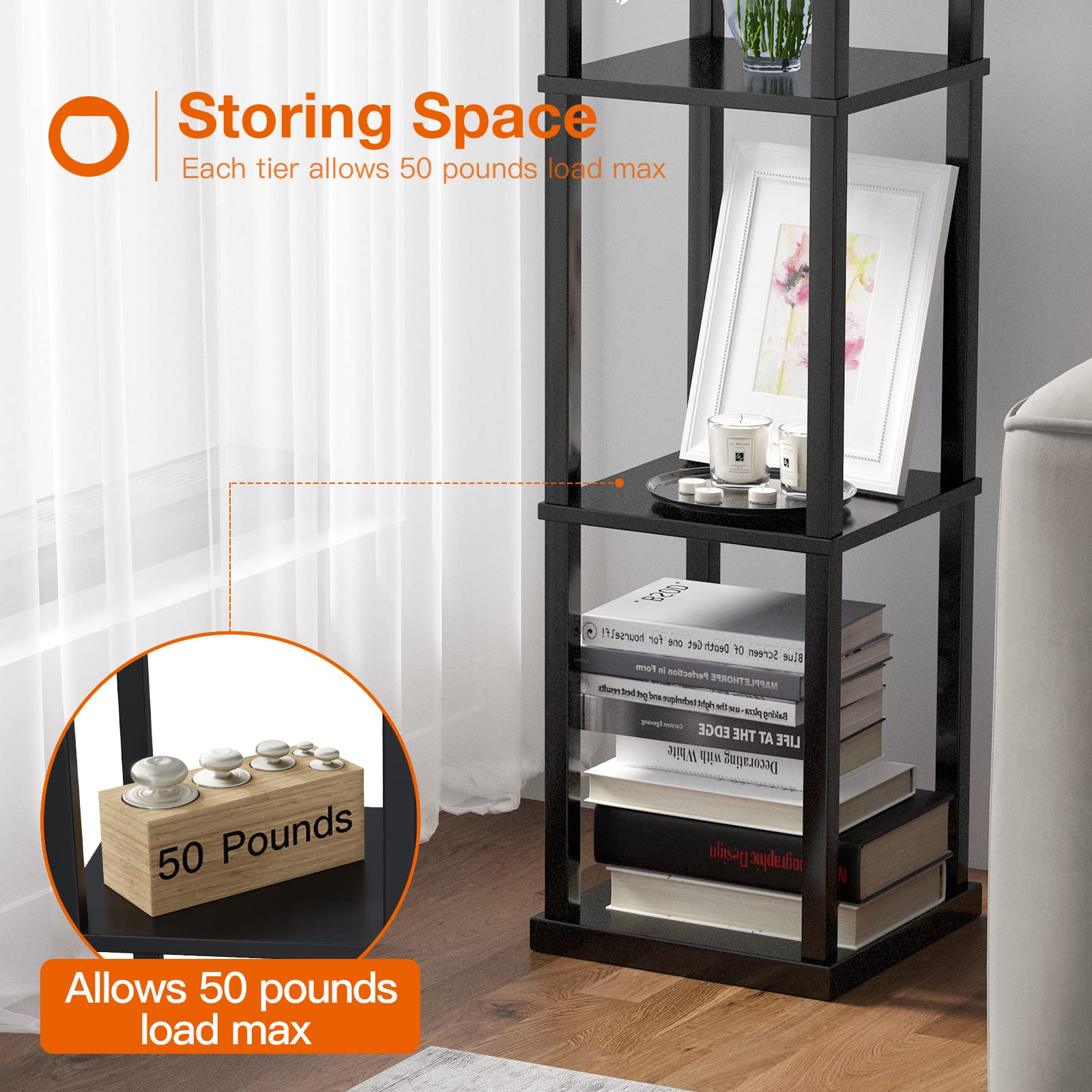 addlon Floor Lamp with Shelves, 70''H Black Modern Aluminum Design, Model A130109912, Includes 3CCT LED Bulb