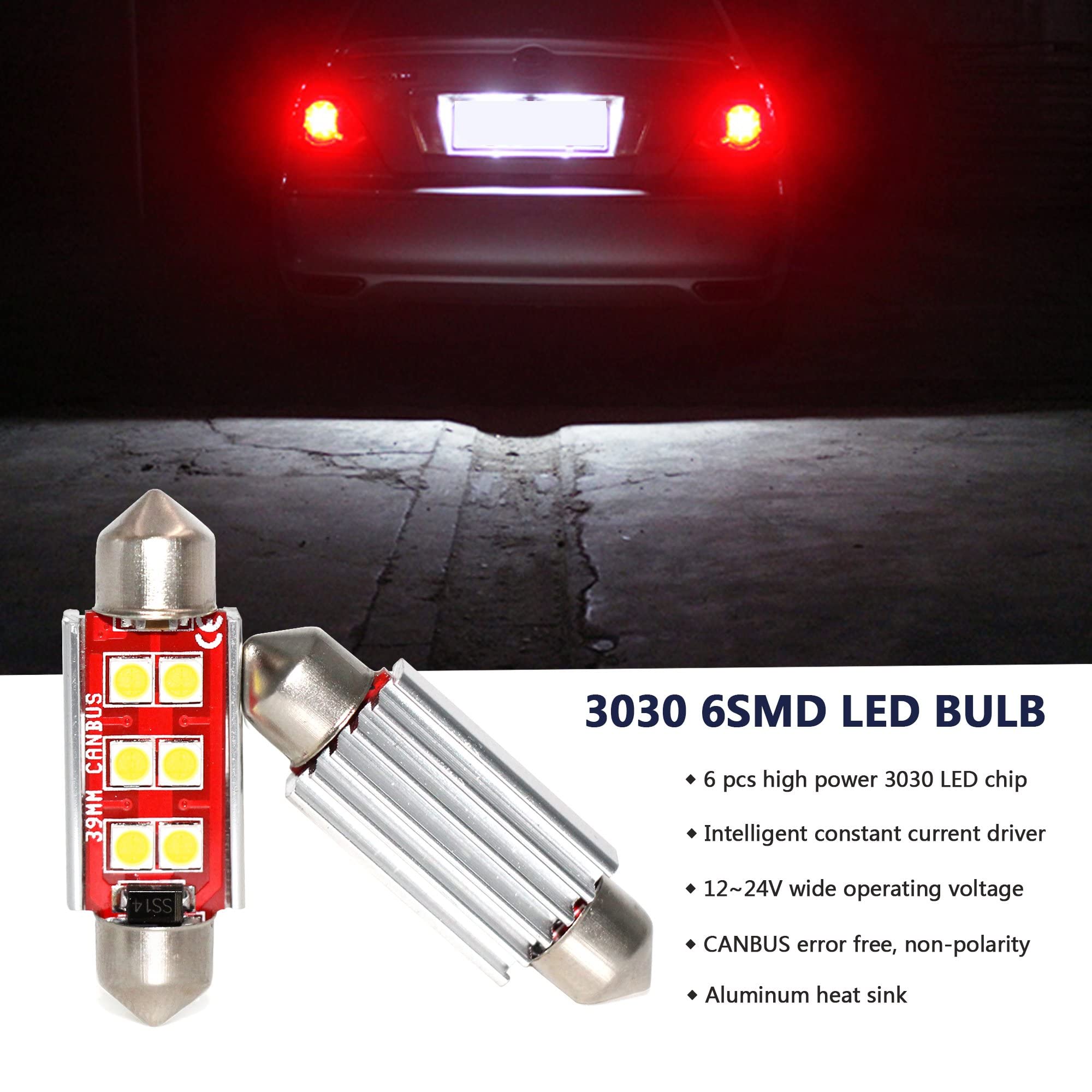 Phinlion 39Mm 6411 Festoon Led Bulbs, 500 Lumens Super Bright 3030 6-Smd Error Free 6413 64181 De3425 De3423 Led Bulbs For Inter