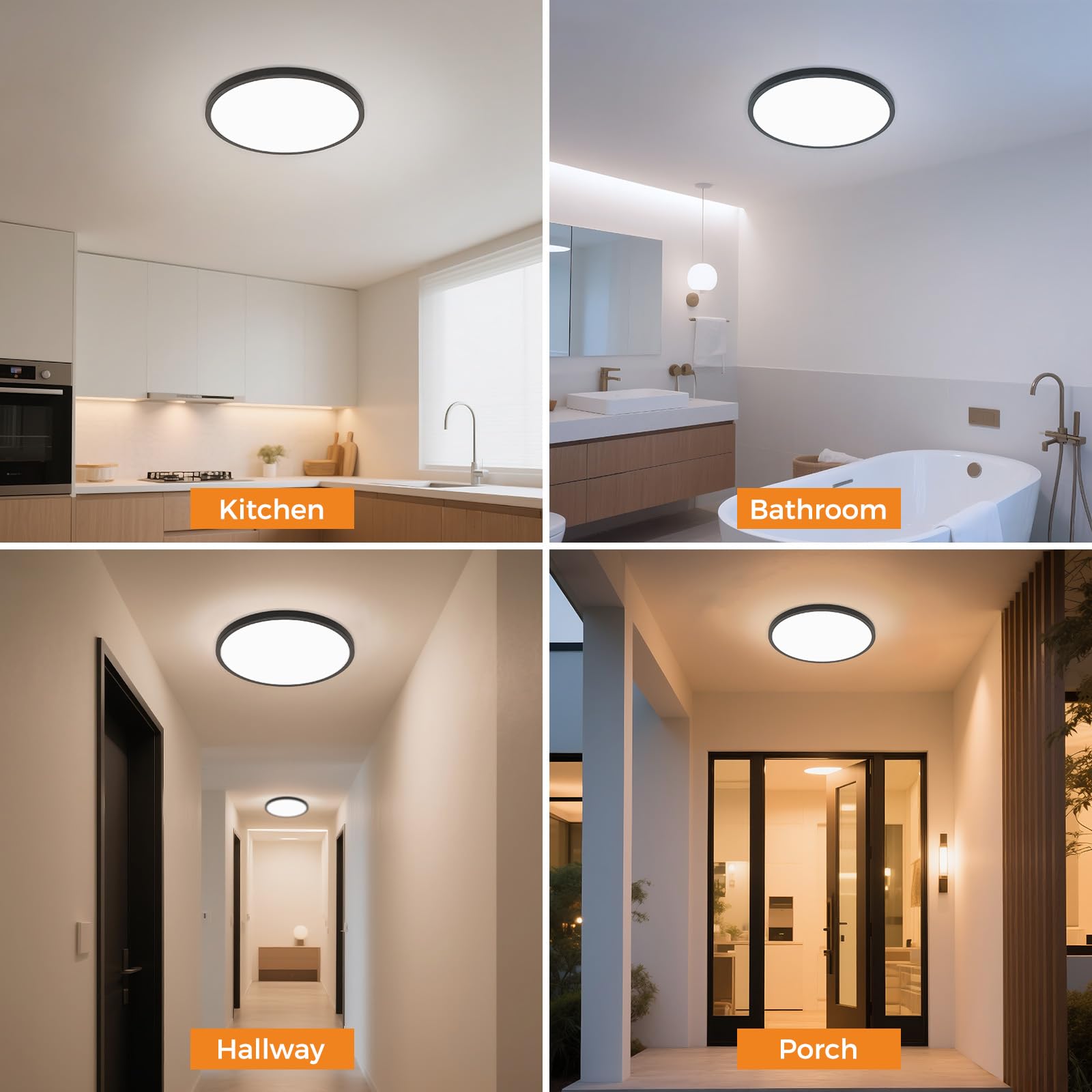 Slochi 9 Inch LED Flush Mount Ceiling Light Fixture, 3000K-4000K-6500K, Black, Plastic, 1 Pack