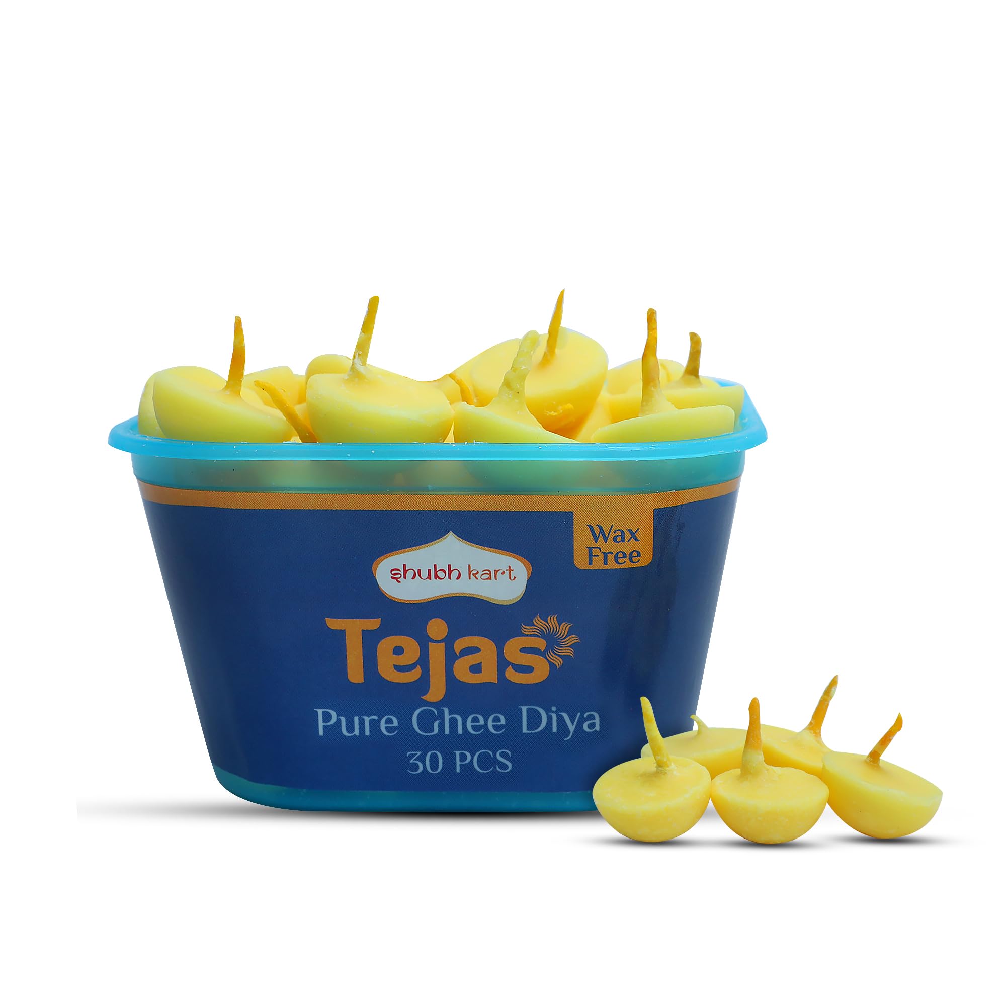 Shubhkart Tejas Pure Ghee Diya with Batti Pack of 30 Diyas | Readymade Ghee Wicks| Diya Batti for Puja, Festivals & Other Religi