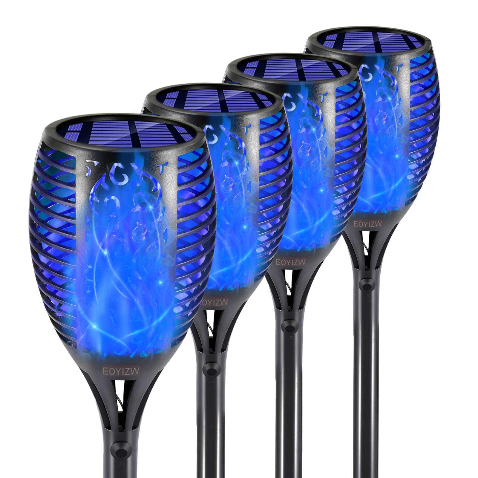 EOYIZW Solar Torch Lights, 99 LEDs, Flickering Flame, IP65 Waterproof, 4 Pack, Blue-4Pack