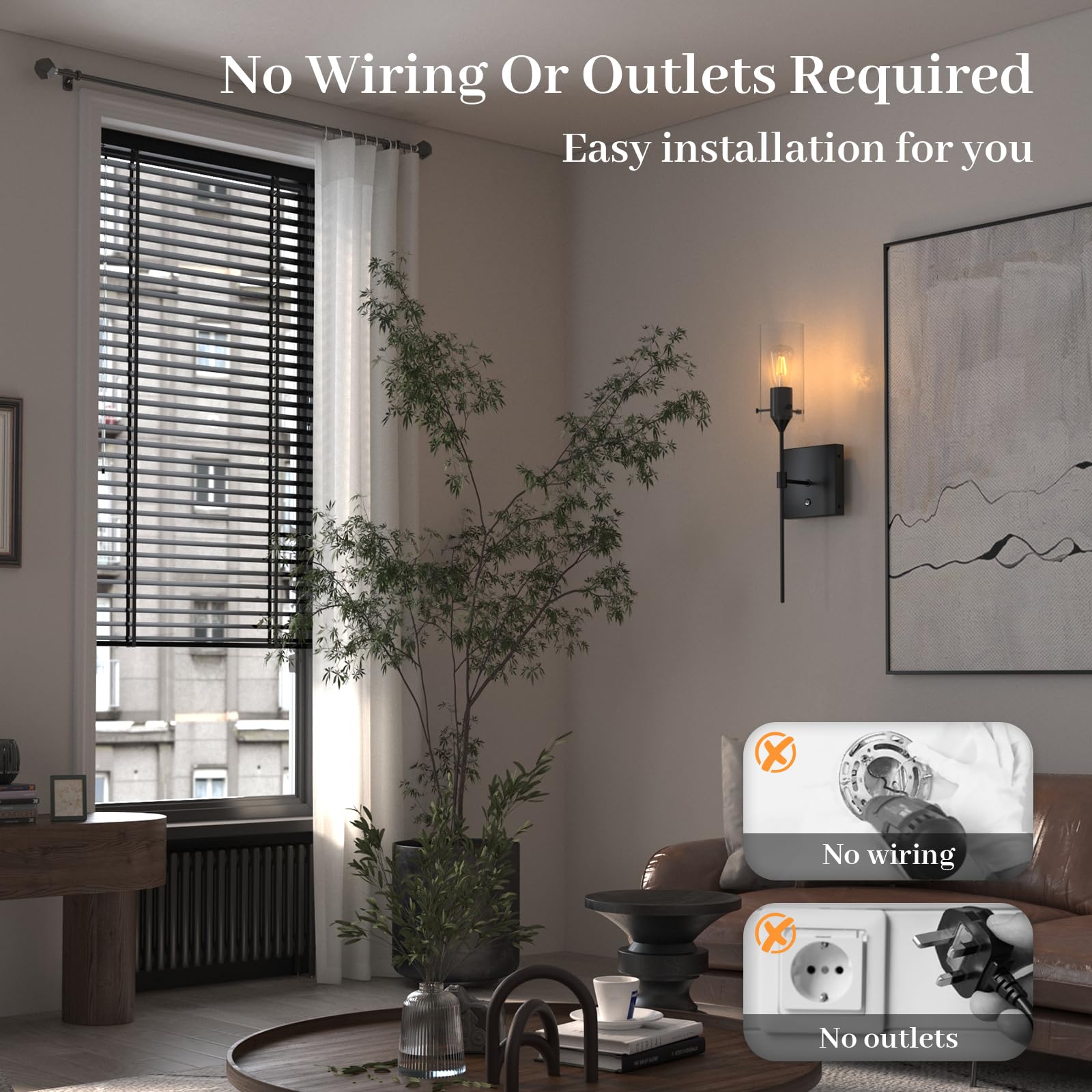 Thyfenno Dimmable Battery Operated Wall Sconce Set Of 2, Rechargeable Wall Mount Light No Wiring, Easy Install Wireless Wall Lamp For Living Room Bedroom Hallway Farmhouse Indoor, Bulb Included