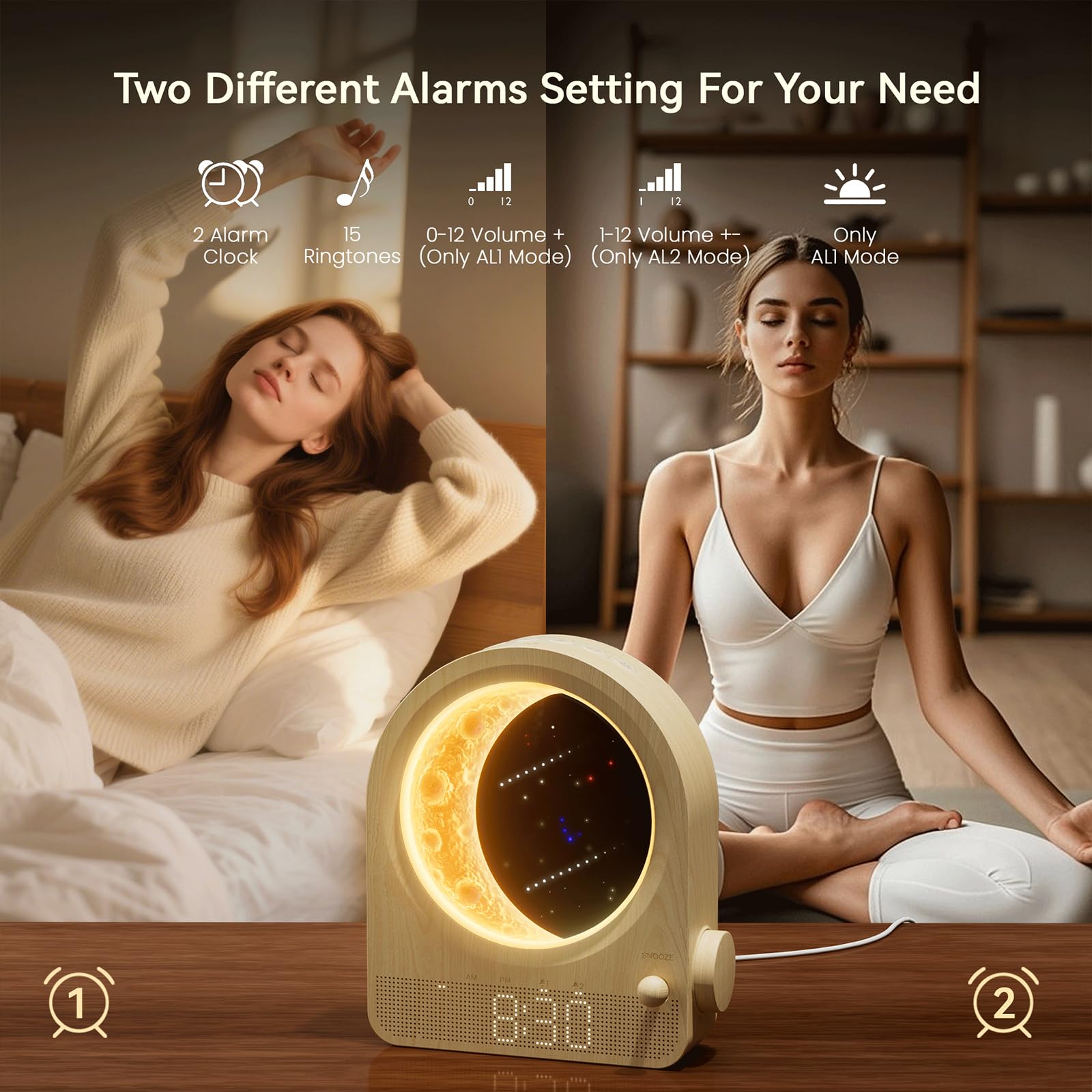 blonbar Sunrise Alarm Clock with Dimmable Moon Lamp, Dual Alarm, 12 Levels Volume, Natural Sounds, Woodgrain, Model AJ350A