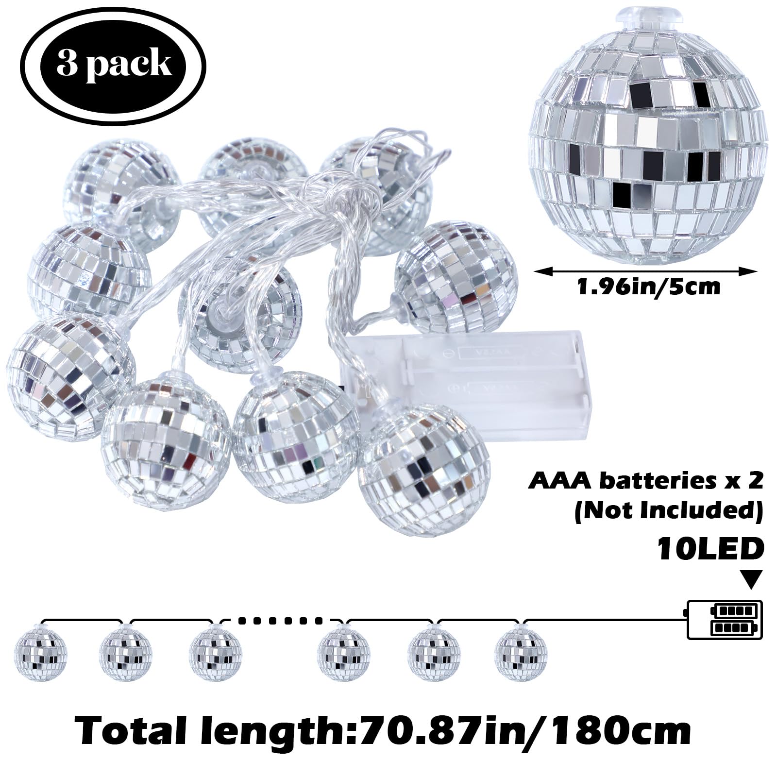 BBTO LED Disco Ball String Light, 10 Pcs, 2 Inch, Warm Color, Battery Powered, Model BBTO-Disco Ball-92