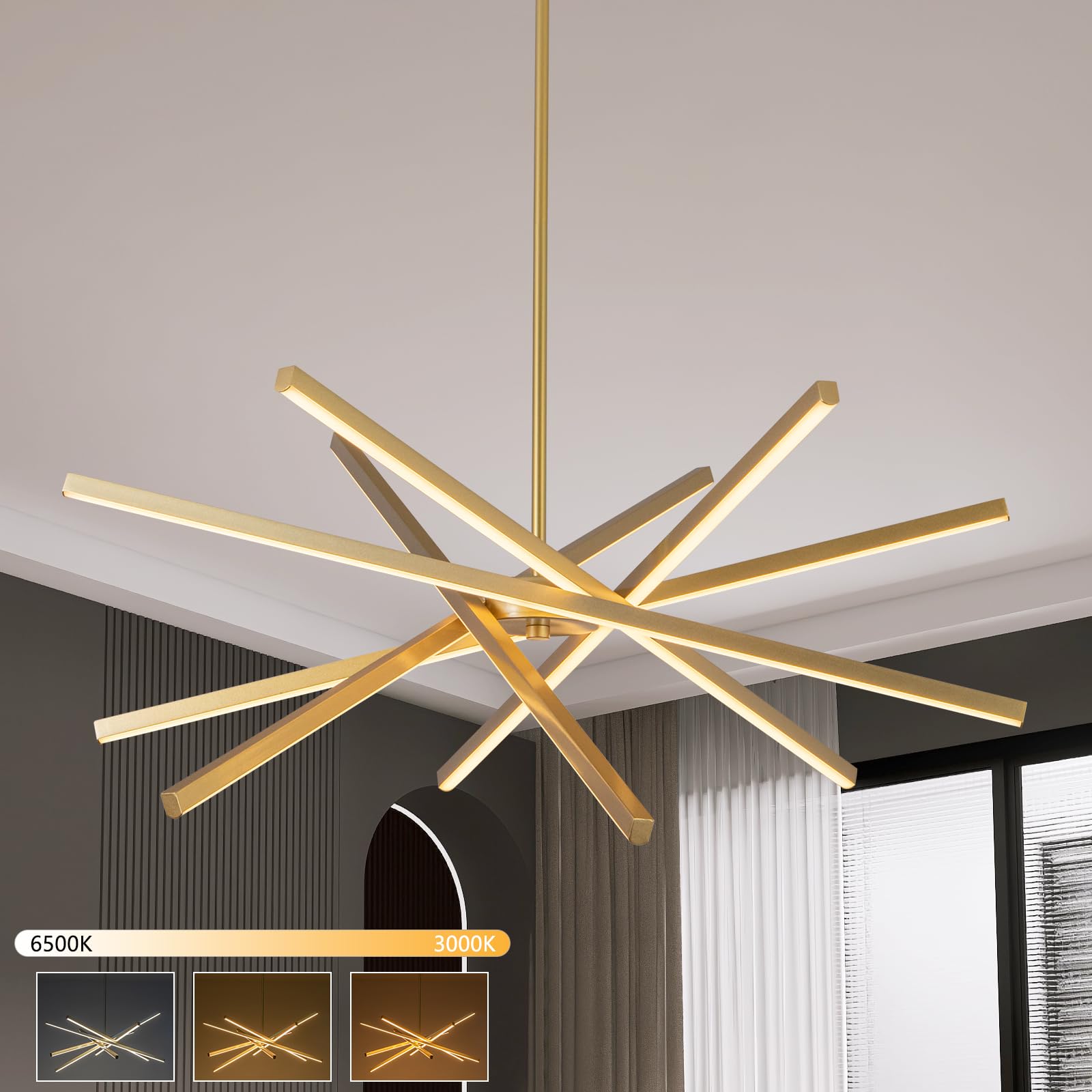 HOGBU Modern Gold Chandelier Light Fixtures - LED 6-Lights Dining Room Linear Chandeliers Pendant Lights Fixture Over Table 3000