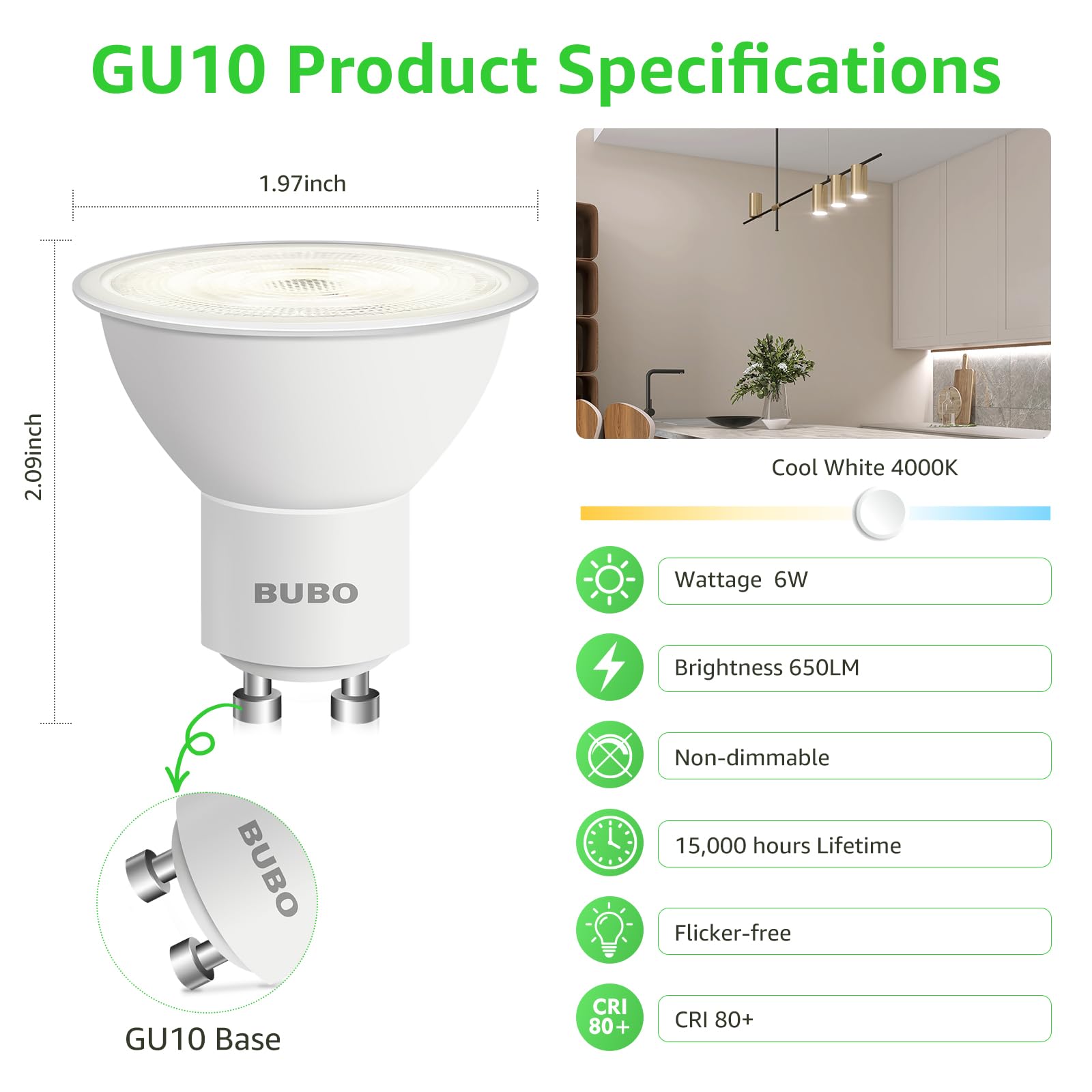 BUBO GU10 LED Bulb 6W Equivalent 4000K Cool White 650 Lumens MR16 Replacement 6 Pack
