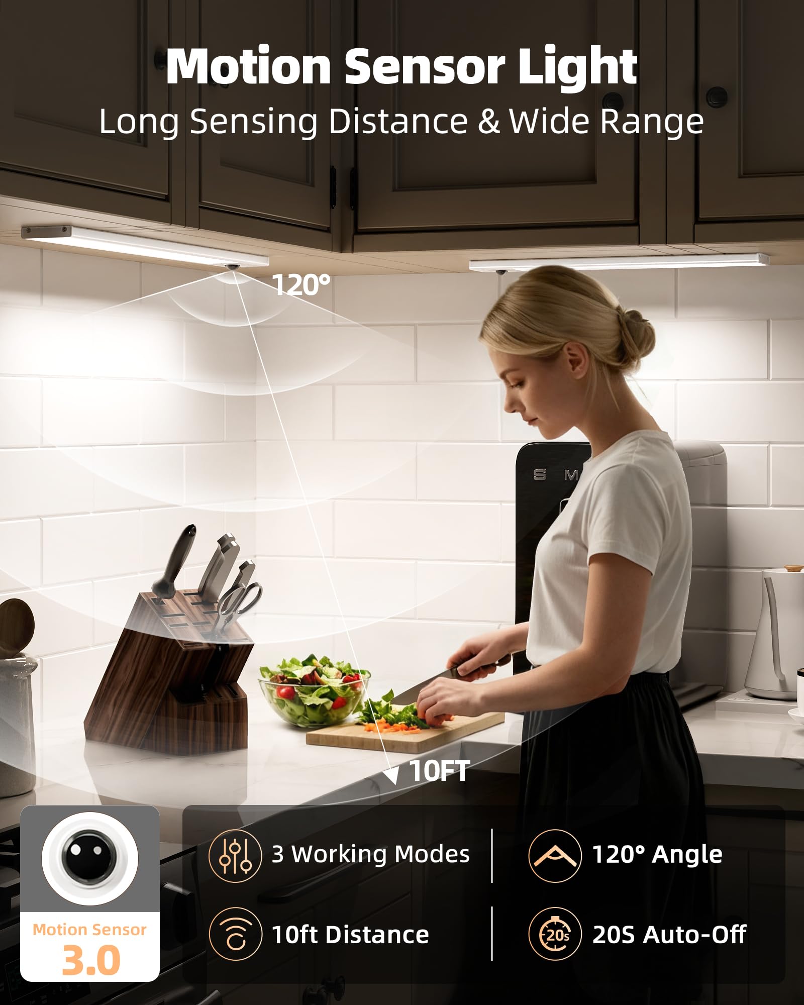 EZVALO 12" Under Cabinet Lighting - 96 LED, Rechargeable Motion Sensor, Dimmable, 3 Color Temps, 3 Pack, ABS Material