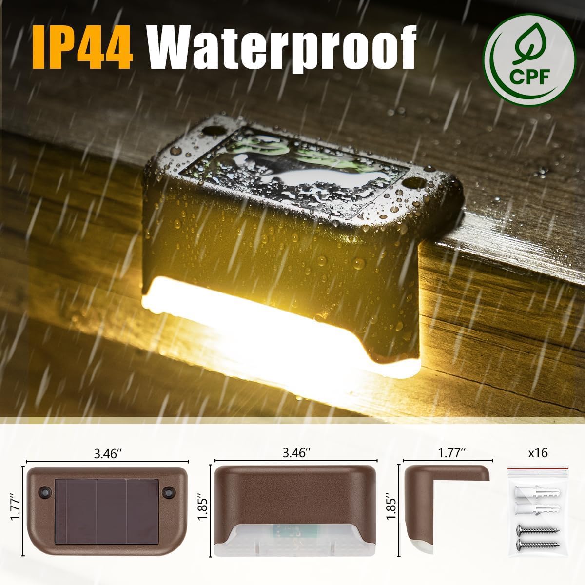 SOLPEX Solar Deck Lights 16 Pack - Waterproof LED Step Lights, Warm White, for Outdoor Stairs, Fence, Yard, Patio, and Pathway