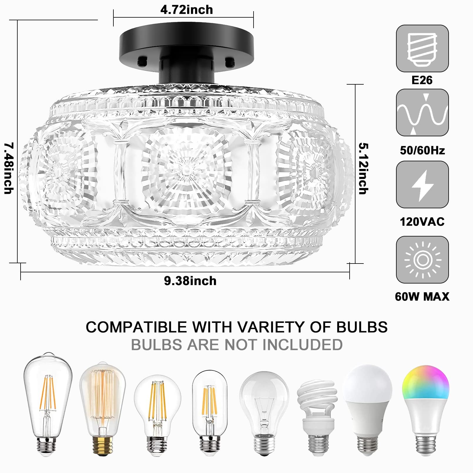 Oykyohei Semi Flush Mount Ceiling Light, Globe Glass Ceiling Light Fixture, Black Modern Lighting For Hallway Porch Corridor Kit