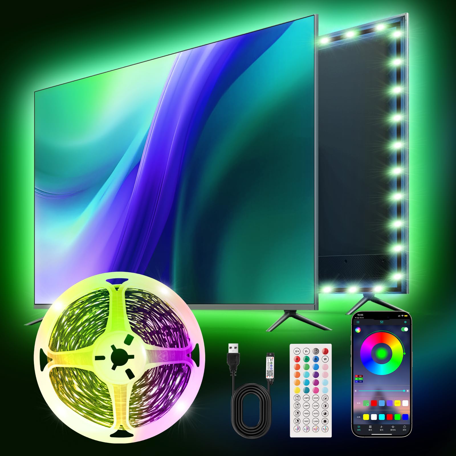 TK99SW 9.84ft Smart RGB LED TV Backlight Strip for 32-45 Inch TVs, Music Sync Bluetooth App & Remote Control, USB-Powered LED Li