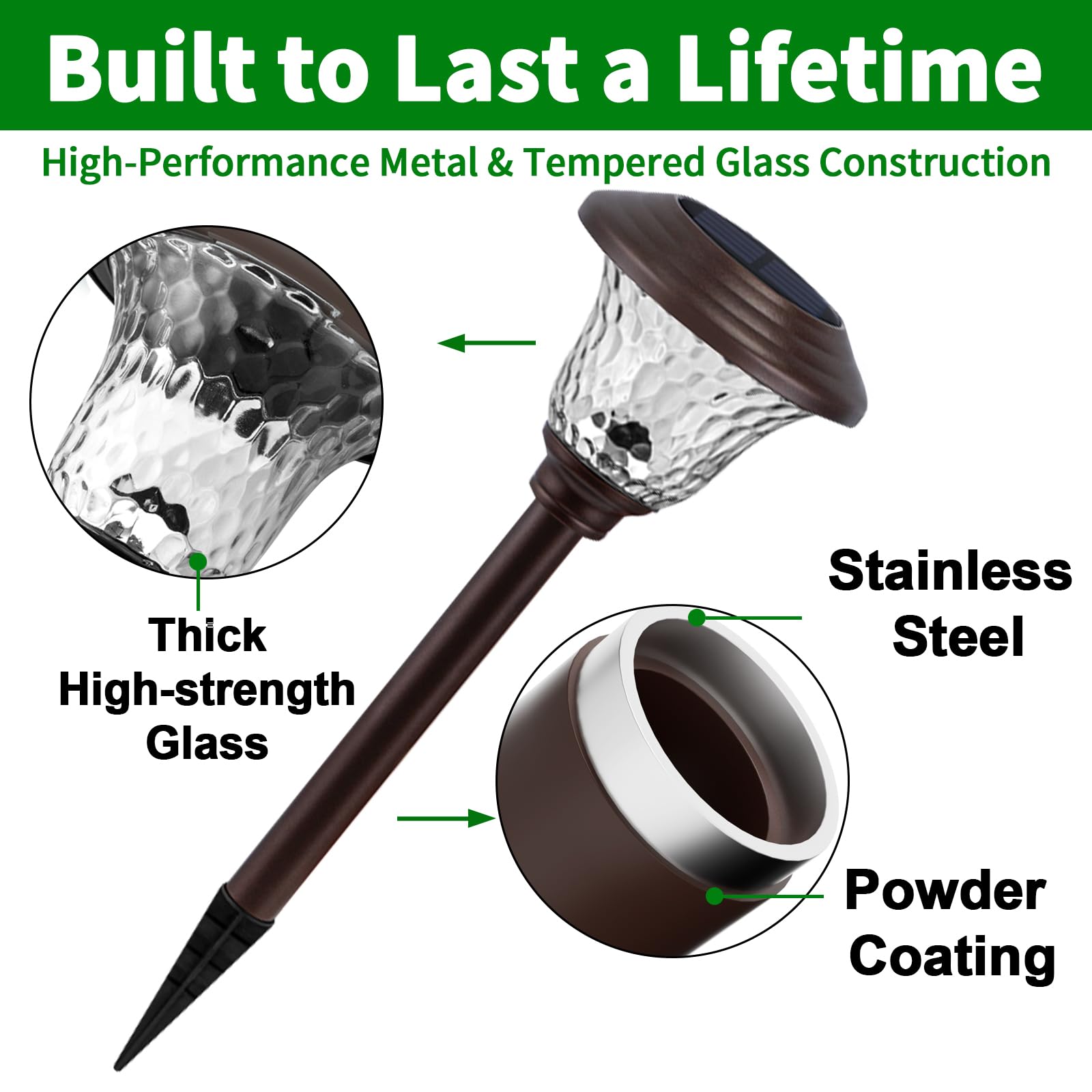 BEAU JARDIN 8 Pack Solar Pathway Lights, Waterproof Glass, High Lumen, Color Changing, Bronze - Ideal for Garden, Yard, Patio & Walkway