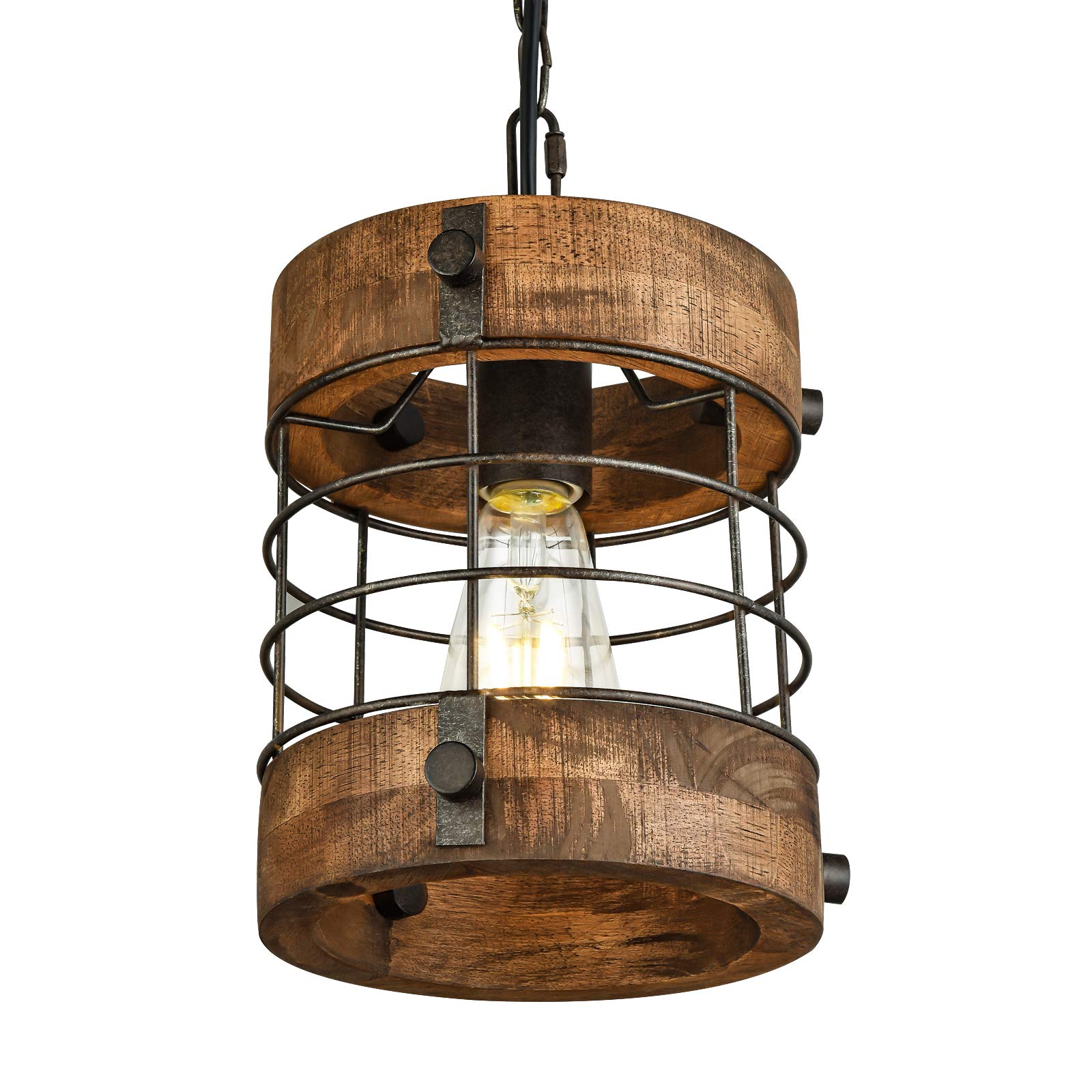 Wochos Retro Industrial Metal And Wood Chandelier 1-Light Round Cage Pendant Light Fixture For Kitchen Island Foyer Hallway Bar Dining Room Restaurant, D 7.9" X H 8.7" (Brown)