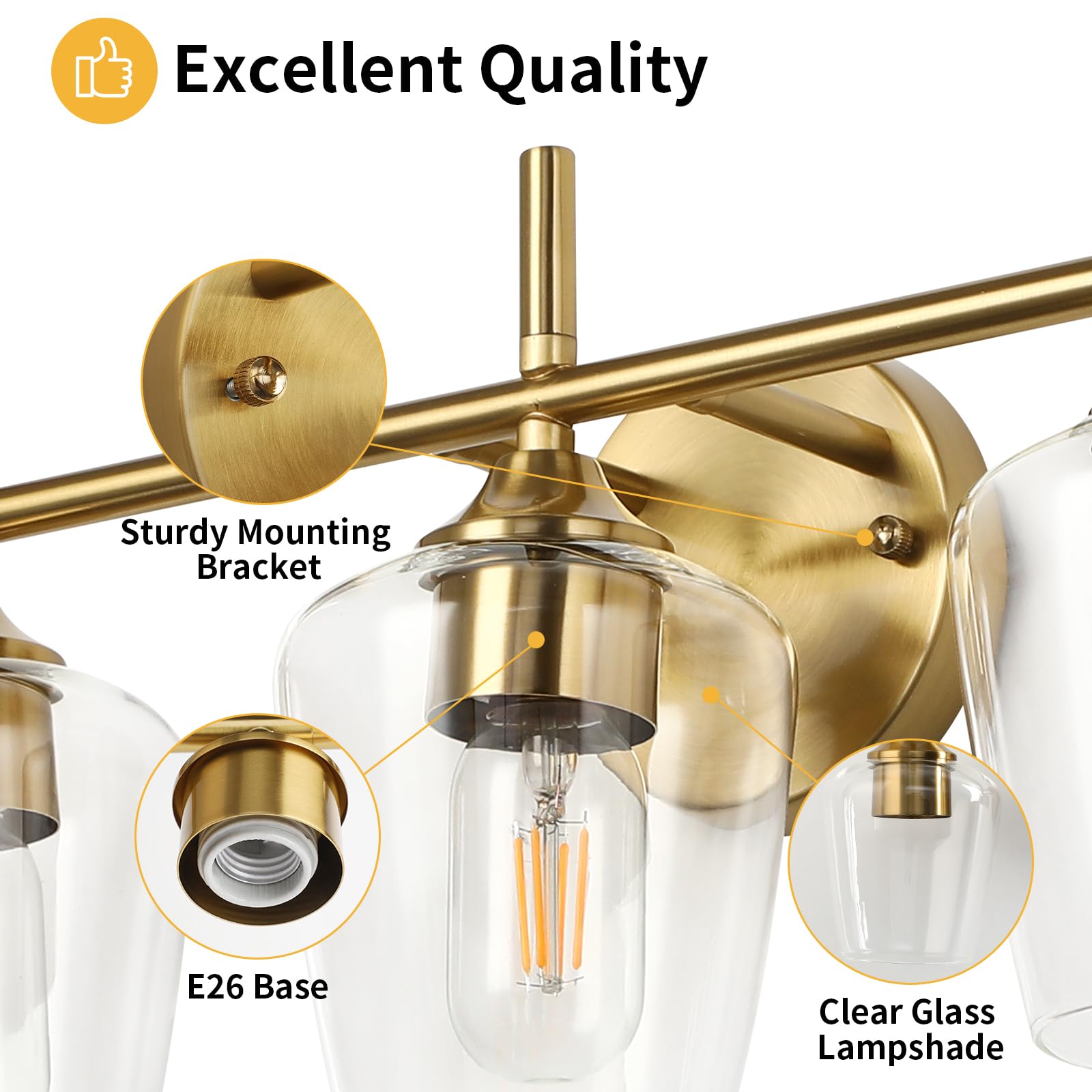 foucasal 3-Light Bathroom Vanity Light Fixtures, Gold Brushed Brass with Clear Glass Shade, Modern Wall Sconces for Living Room and Bedroom