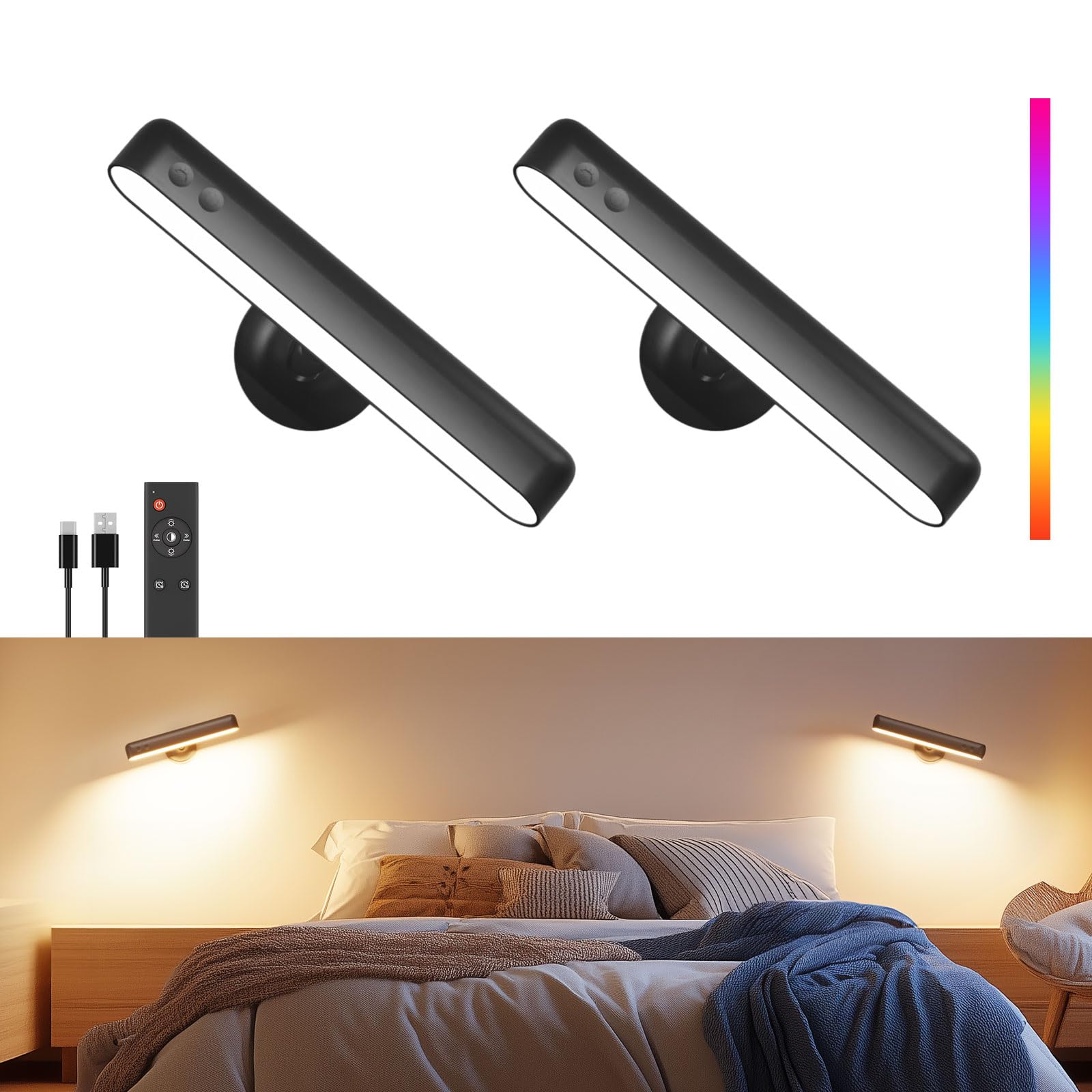 PopoIron Rechargeable LED Wall Sconces, 3 Color Temperatures, Remote Control, 360° Rotation, Black, 2 Pack, Model WL05-A