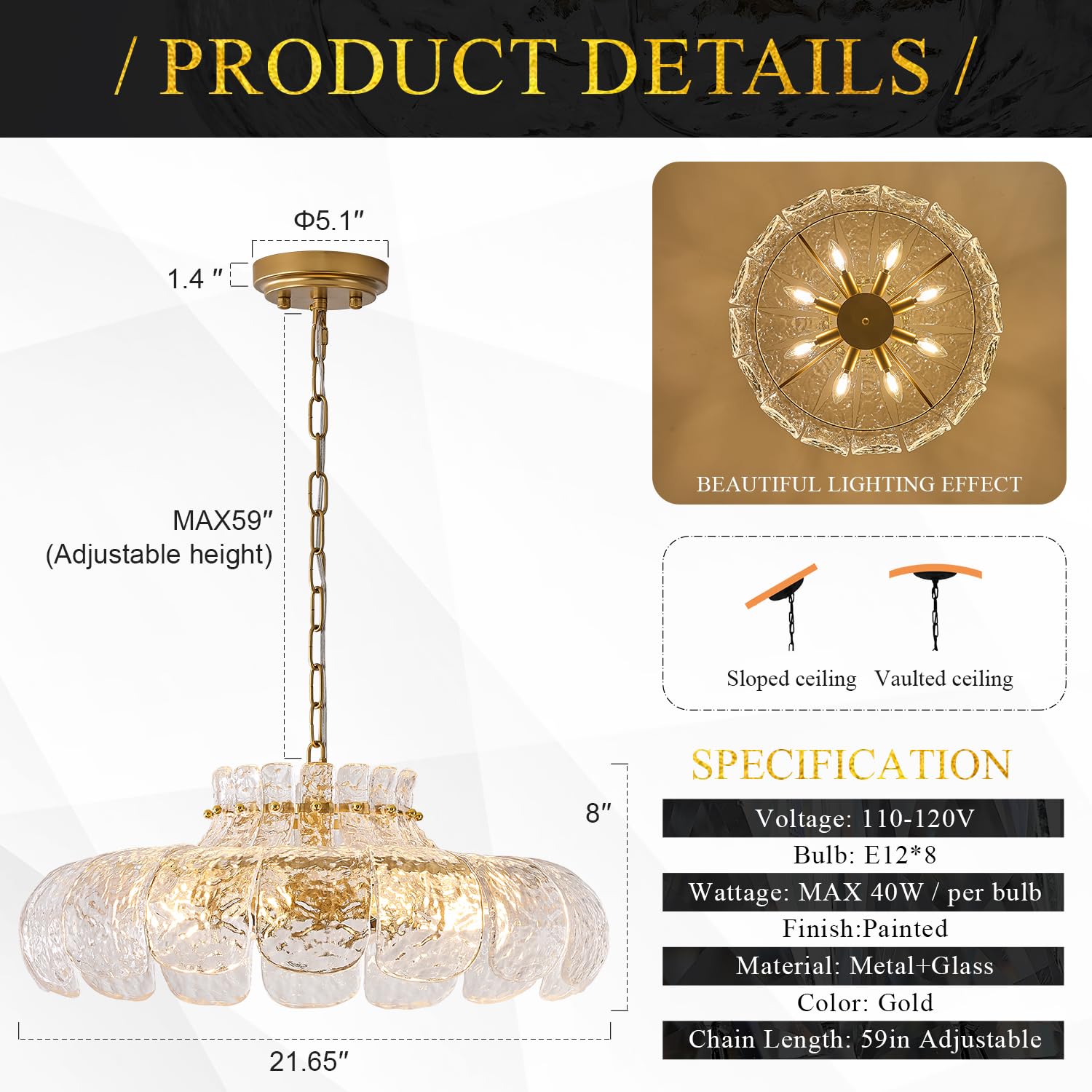 Poemoon 8-Light Modern Water Ripple Glass Chandelier 21.6'' Pendant Chandelier Luxury Gold Hanging Lighting For Living Dining Ro