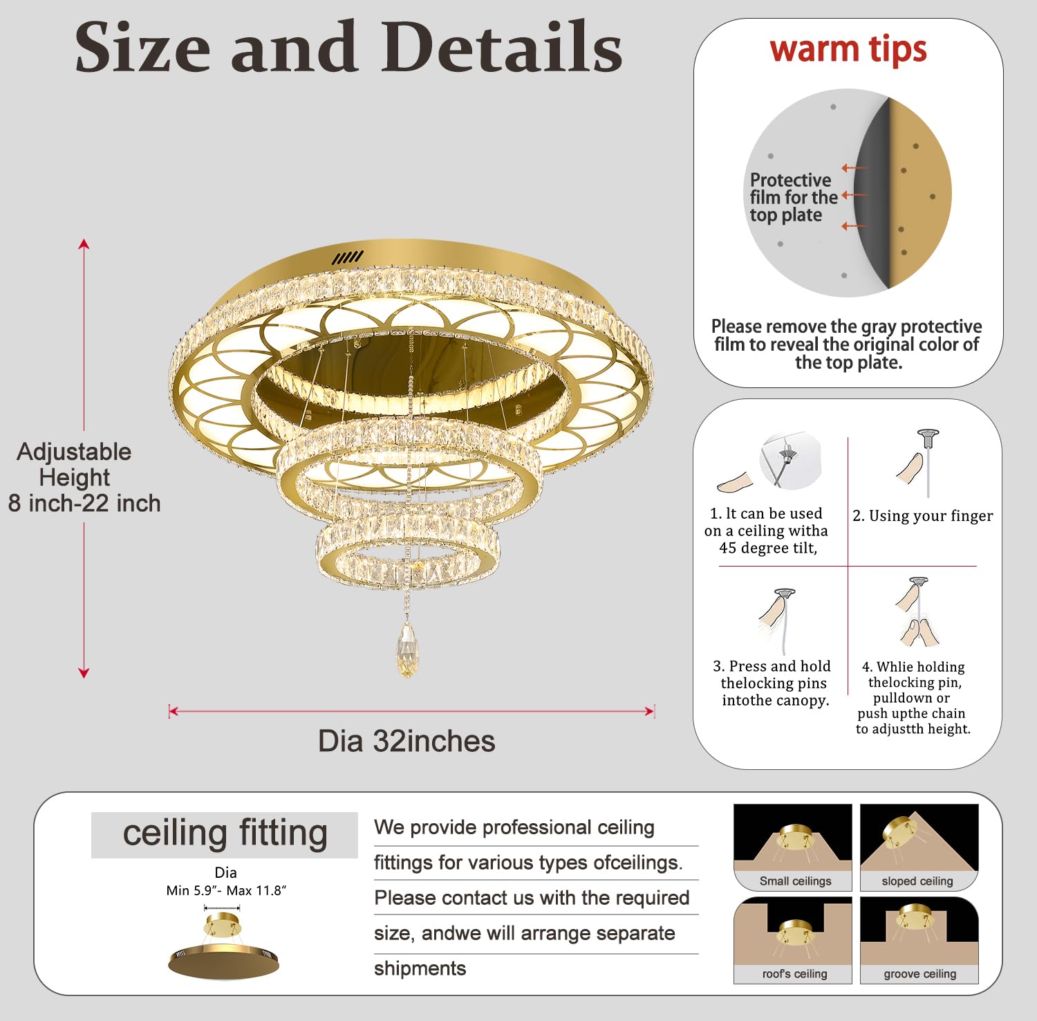 Flashing God 32" Modern Crystal Chandelier LED Flush Mount Light - Gold Finish, Dimmable 2700k/4500k/6000k, Ideal for Living Room & Bedrooms