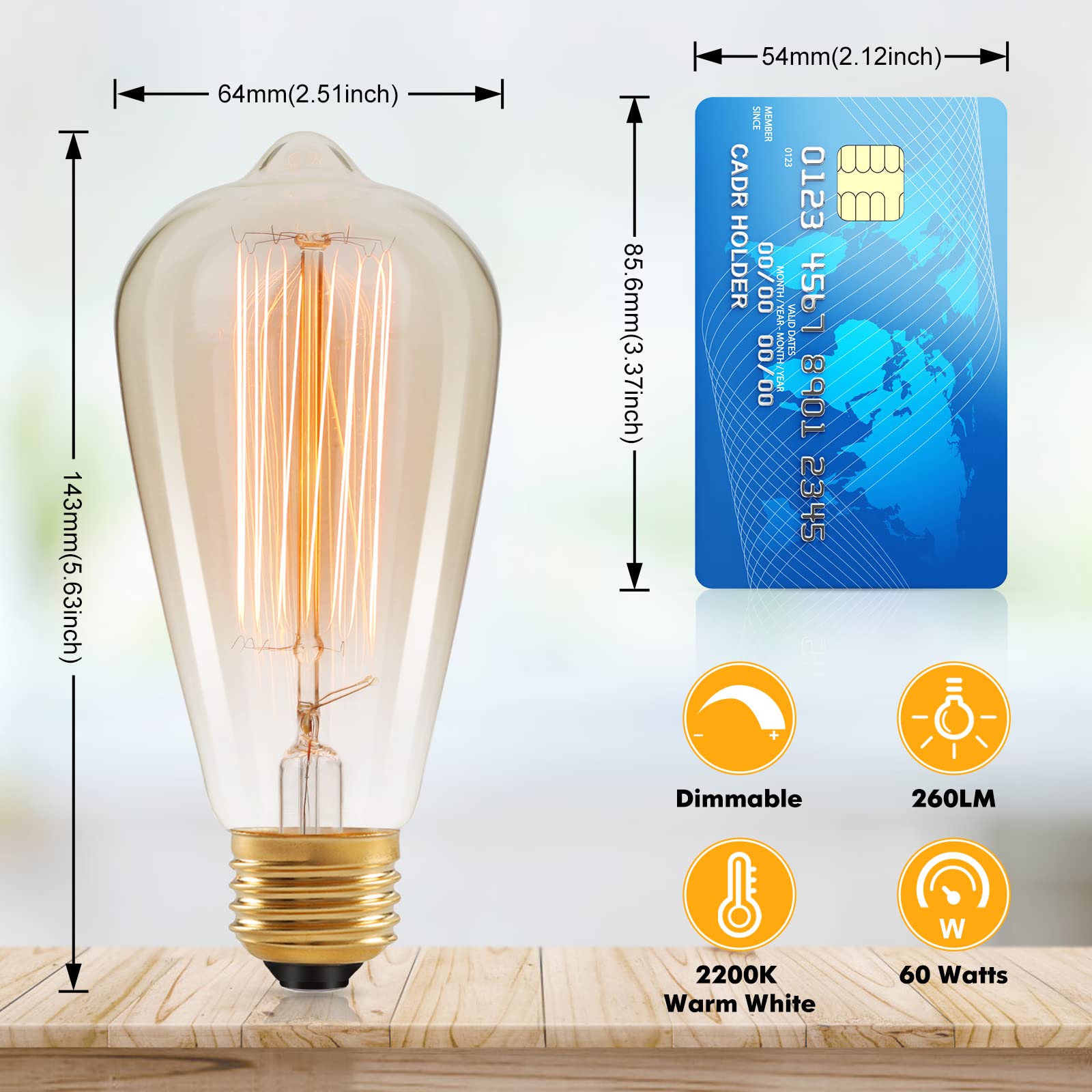 Brightever 60W Vintage Dimmable Edison Bulbs, St64 Amber 2200K Warm White, 4-Pack