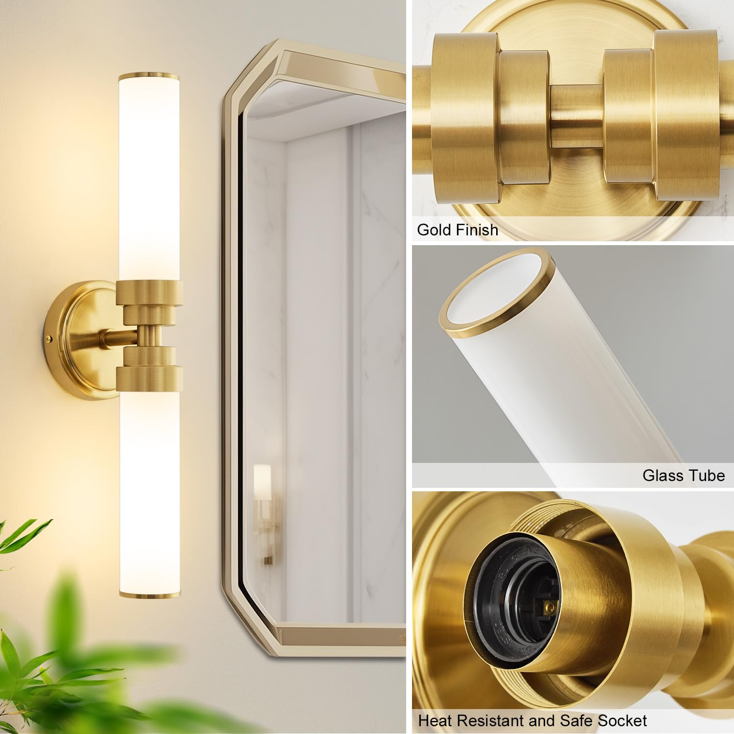 Vaziden Bathroom Light Fixtures  Gold Wall Sconce With Milk Glass Shade  Modern Vanity Light Up And Down Sconces Wall Lighting - Bulb Not Included