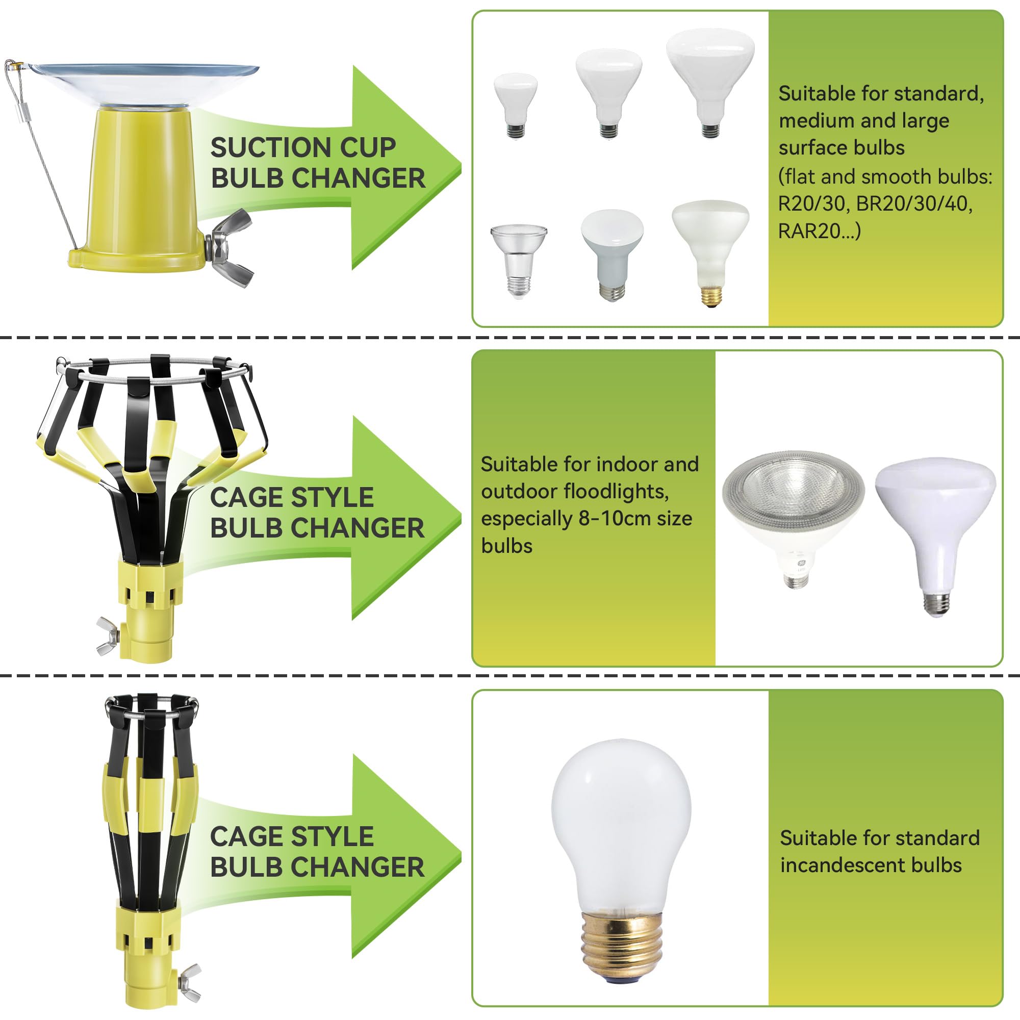 Dreyoo Light Bulb Changer Set with Telescopic Pole 3-12 ft, Metal, Yellow, Model DR-Dreyoo-0995