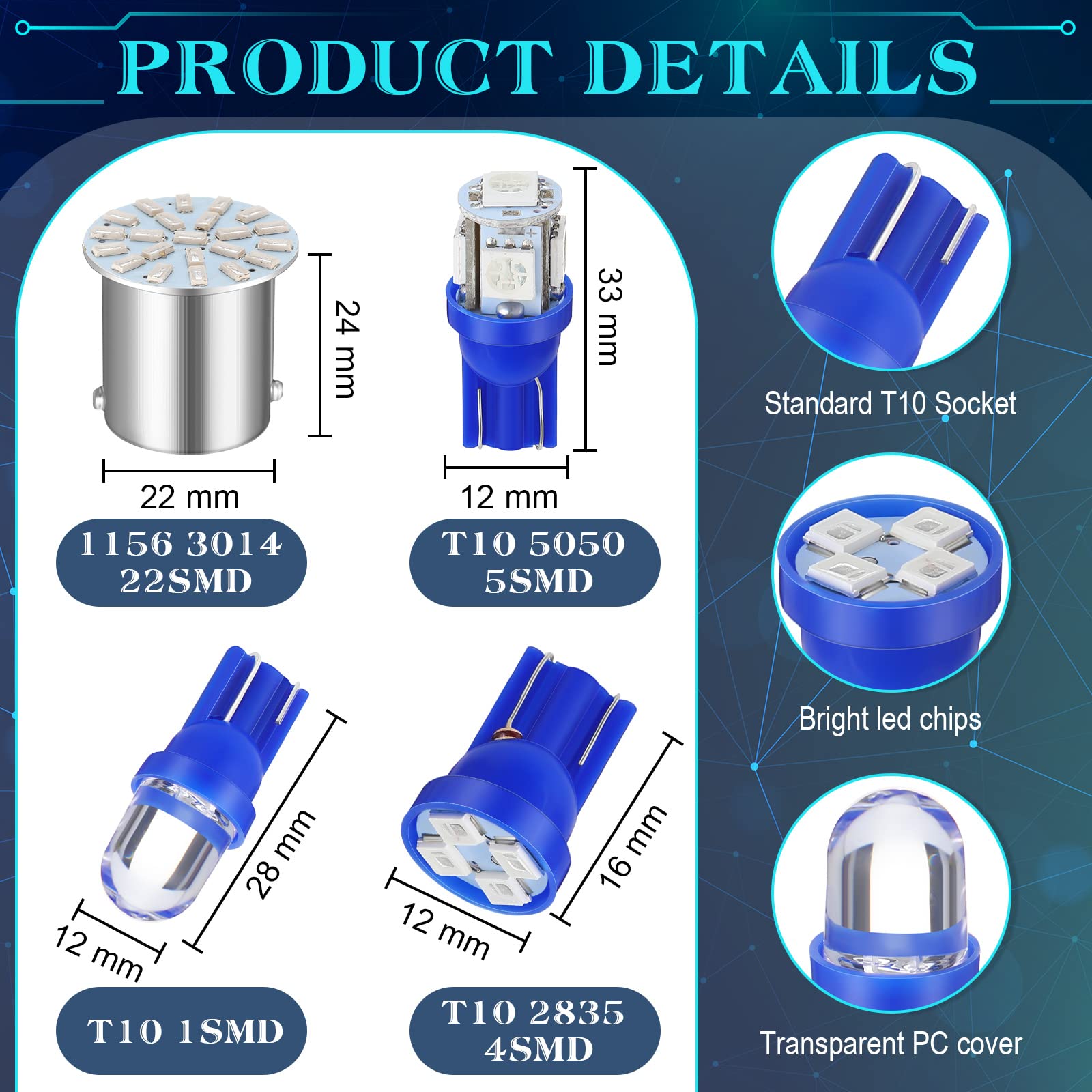 Frienda 70 Pieces Led Car Bulb Kit Interior Light, License Plate Light, Blue