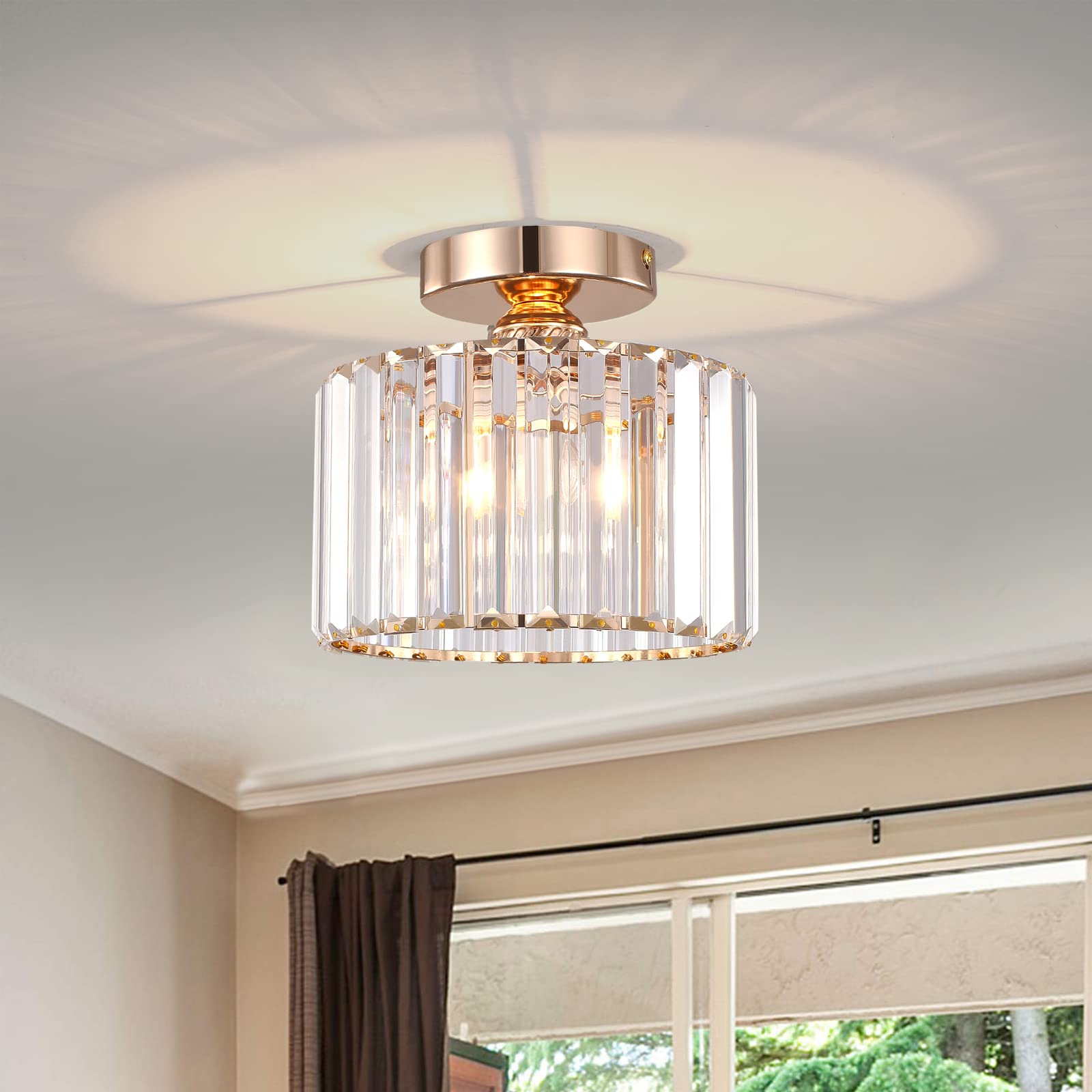 BUXVRCS Semi Flush Mount Modern Chandelier  Crystal Ceiling Light Fixture  Small Close to Ceiling Light for Living Room  Bedroom  Hallway  Bathroom  Kitchen  Entryway (Gold)