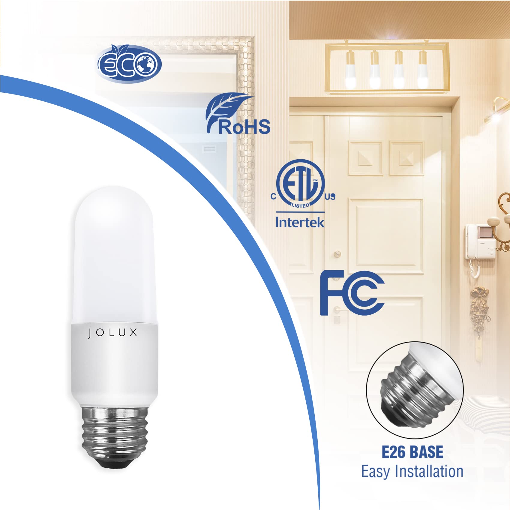 Jolux LED Stick Light Bulbs, 60W Equivalent, 5000K Daylight, E26 Base, Non-Dimmable, 6 Count, Enclosed Fixture Rated, T608