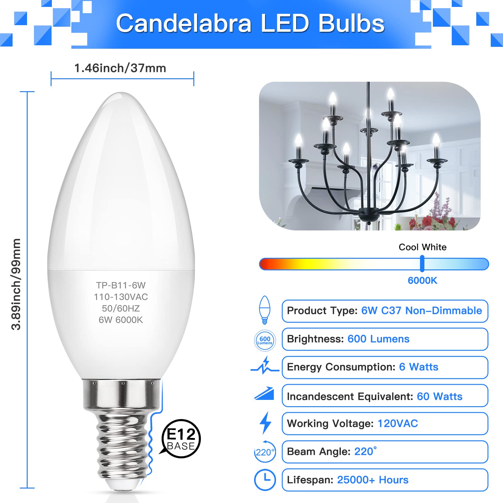 MAXvolador E12 LED Candelabra Bulbs, 6W B11, Cool White 6000K, 600 Lumens, Non-Dimmable, Pack of 6
