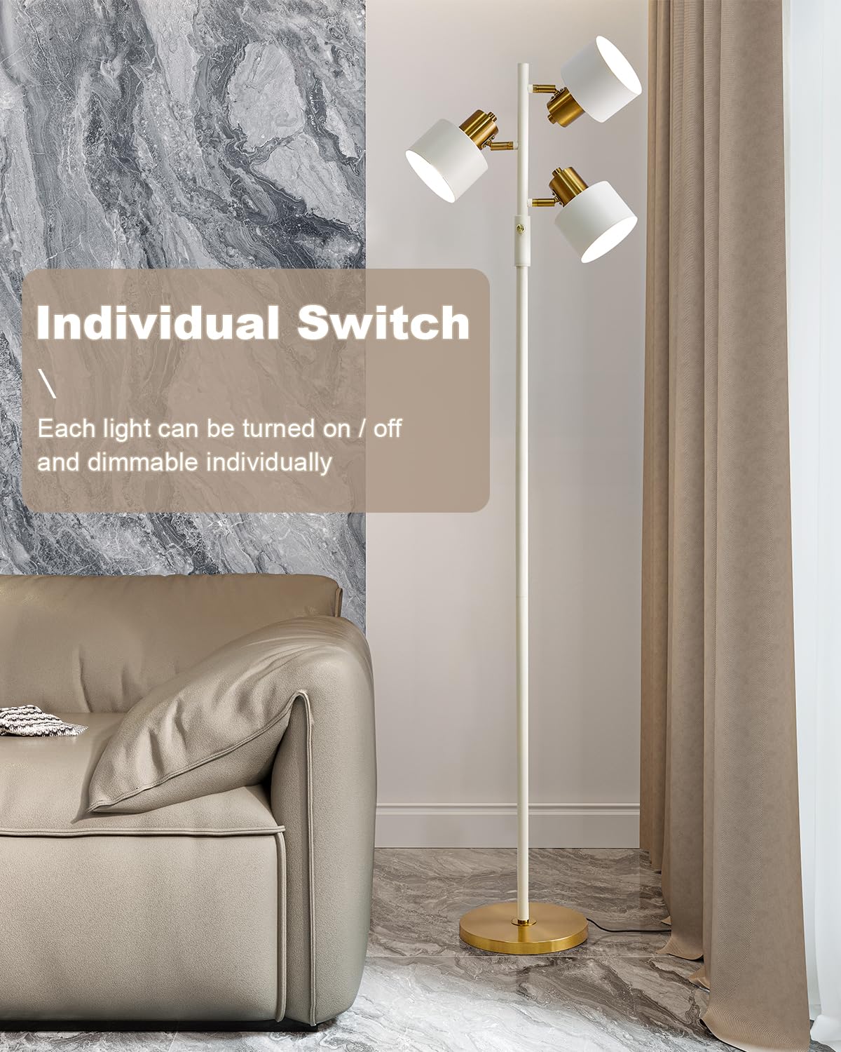 OYEARS Floor Lamp - 3-Light Modern Industrial LED Metal Light, Cream Color, Tall Standing Design for Living Room, Office, Bedroom