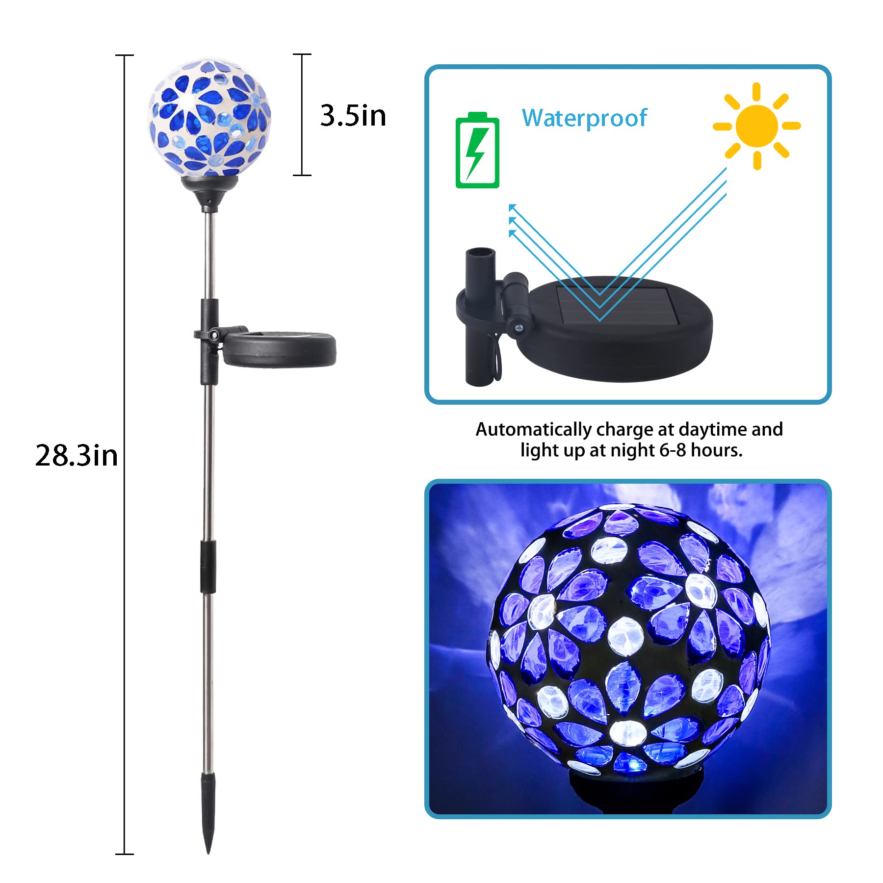 WNP Blue Outdoor Mosaic Solar Light Stake - Waterproof Glass Flower Petal Ball Decor for Garden, Yard, Path