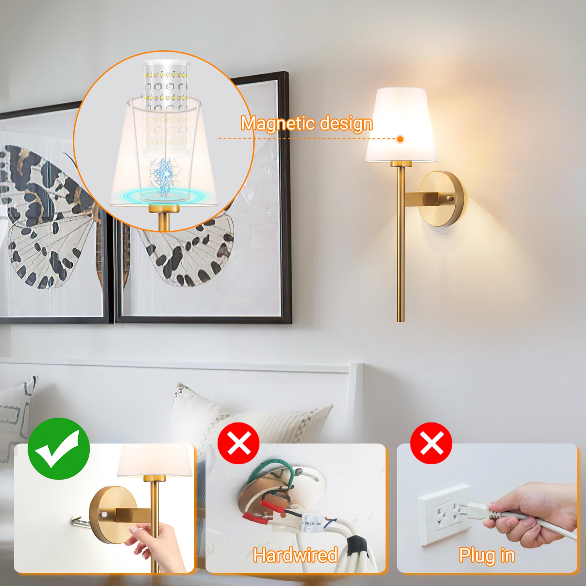 Nekhung Battery Operated Wall Sconces Set of 2, 21-inch Brass Metal, RGB Rechargeable Bulbs with Remote Control, No Electrician Needed