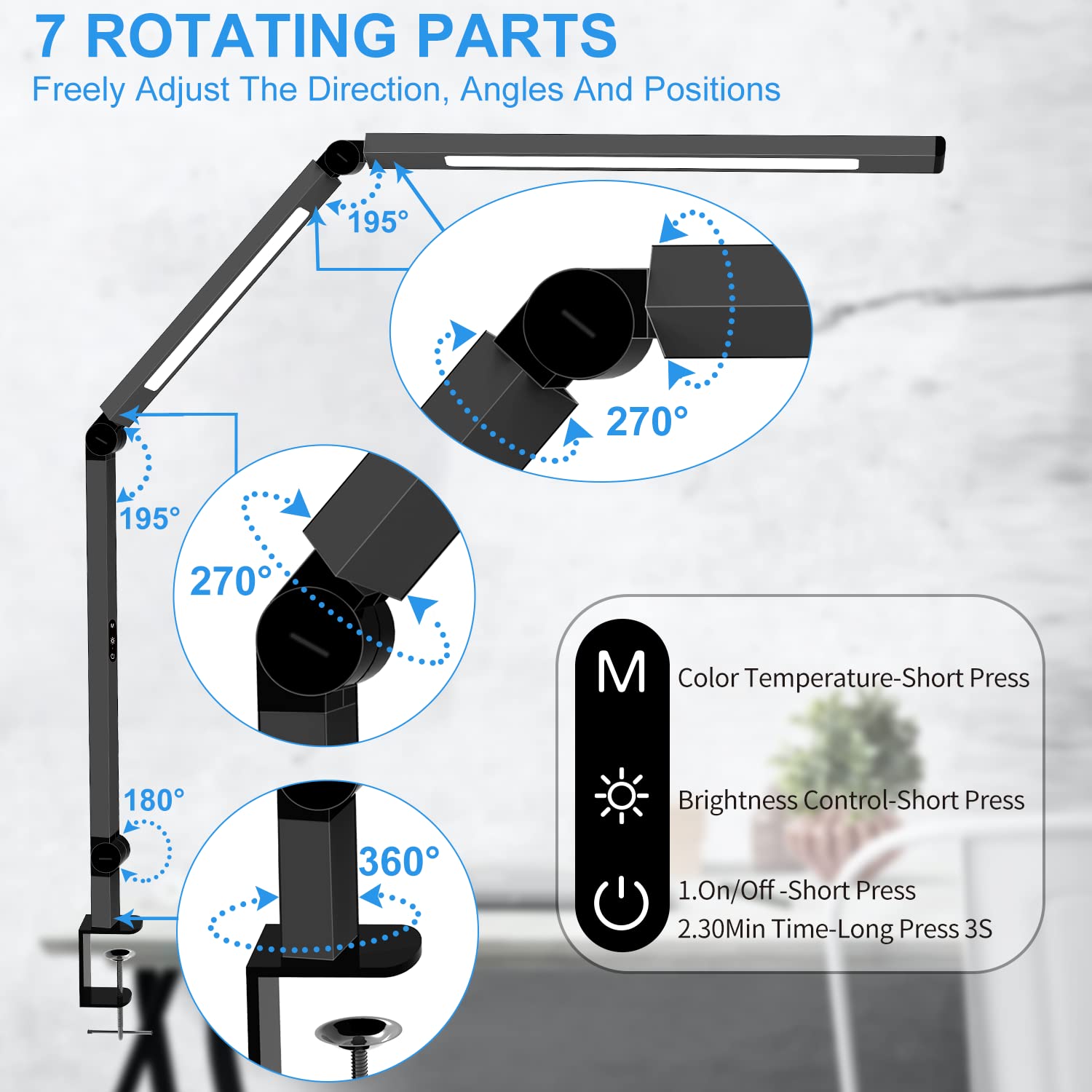 Micomlan LED Desk Lamp - Black Architect Lamp with Clamp, Dual Light, 4 CCT Modes, 5 Brightness Levels, Eye-Care Design
