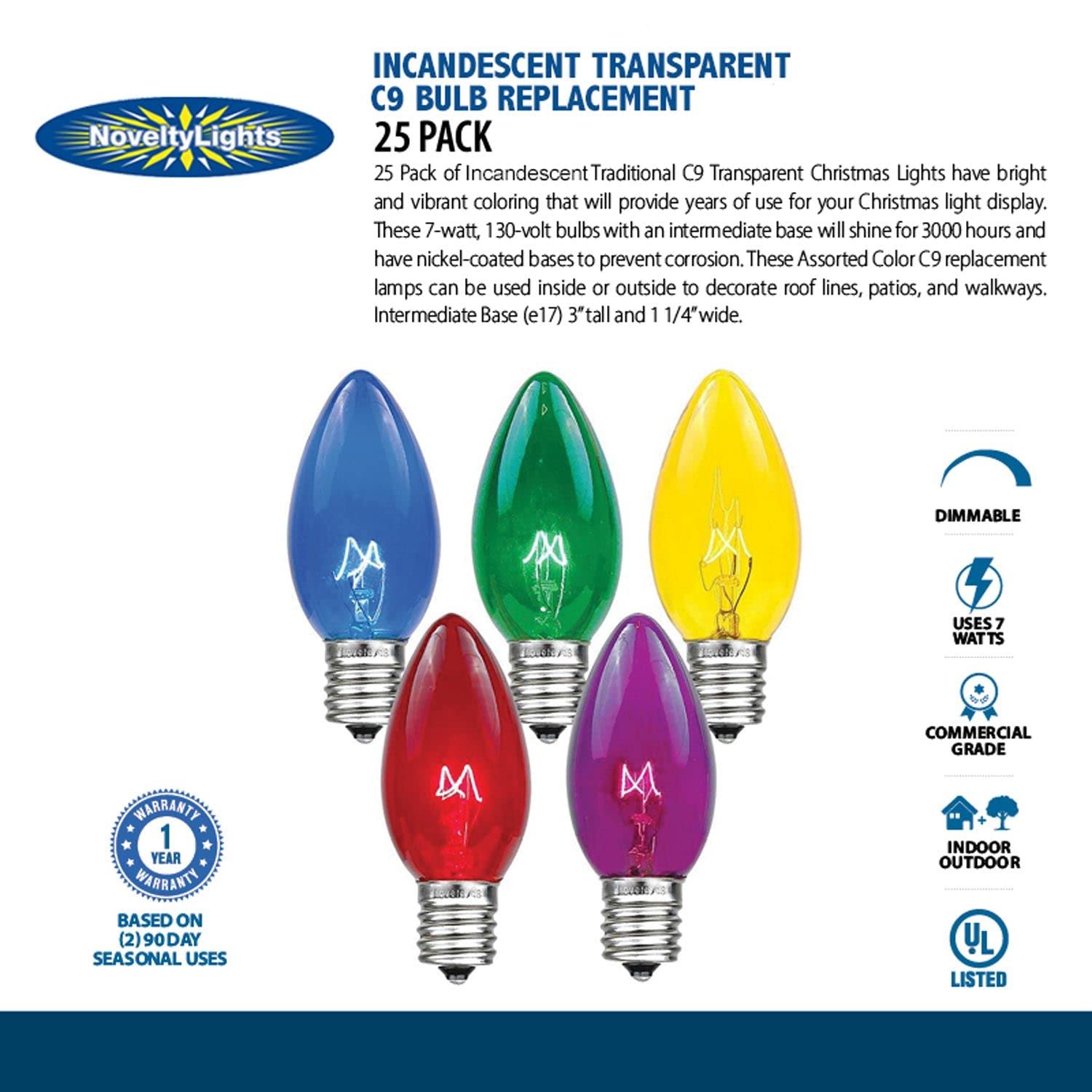 Novelty Lights Incandescent Christmas Replacement Bulbs - Indoor/Outdoor Individual Bulbs For Christmas Tree, Display, & More - C9/E17 Intermediate Base, 7 Watt Lights (Blue, 25 Pack)