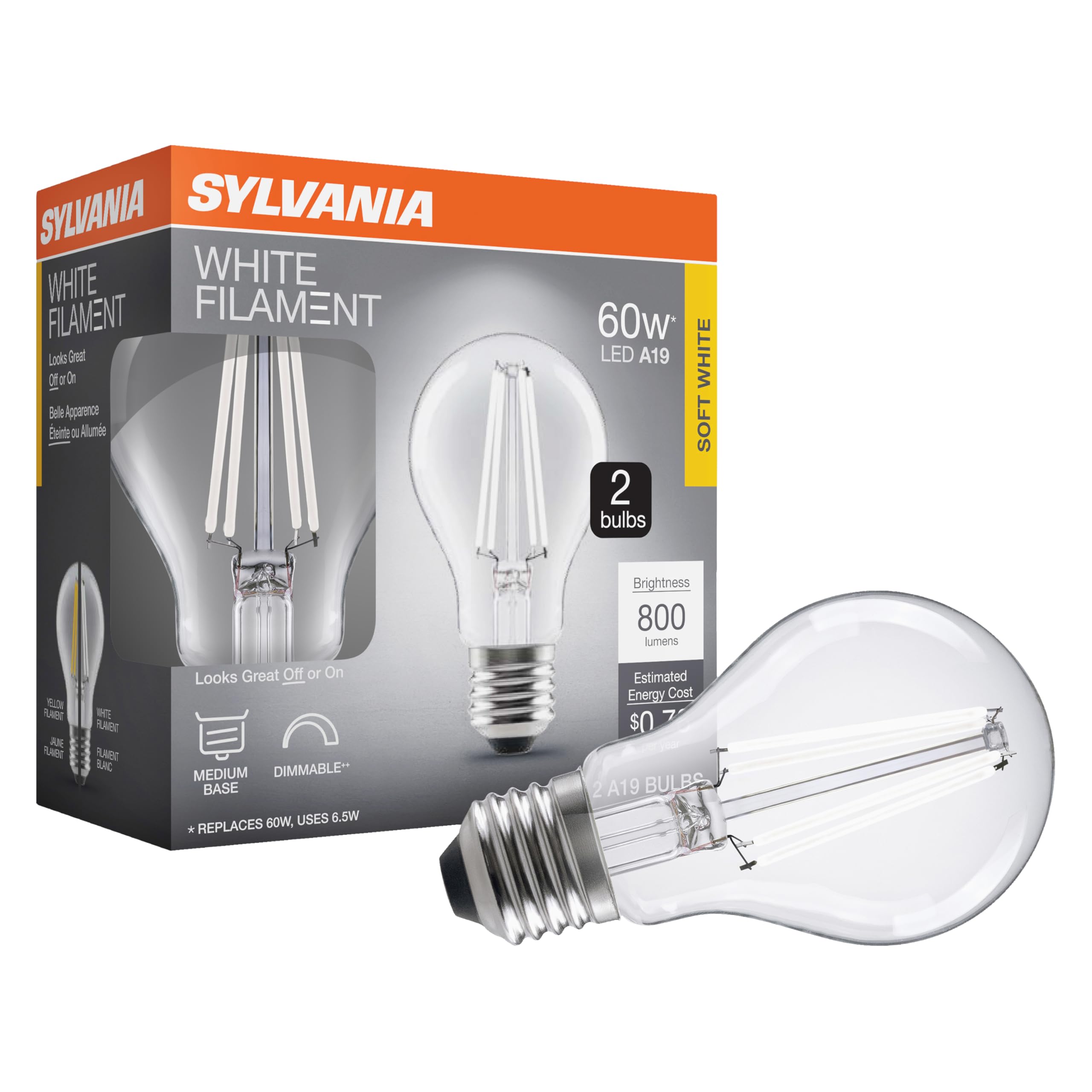 Sylvania A19 Clear Led White Filament Bulb, 6.5W, Dimmable, 800 Lms, Medium Base, 2700K, Soft White - 2 Pack (42170)
