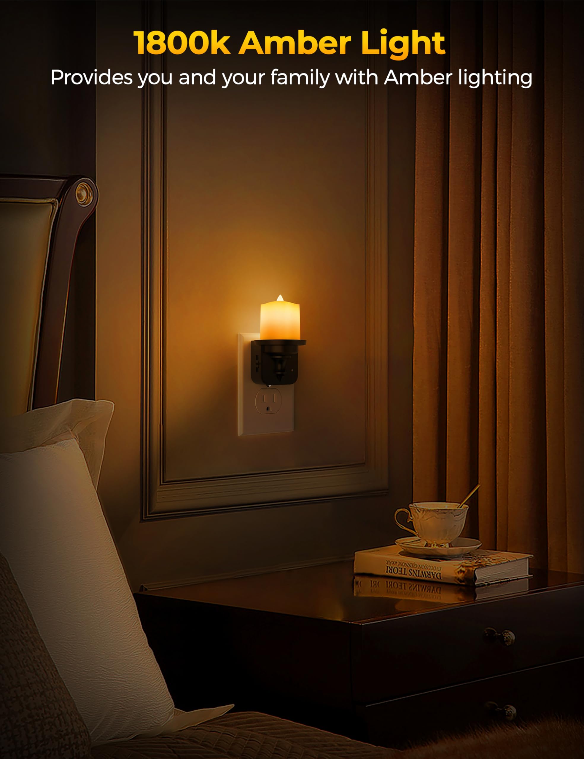 Briignite Flameless Candle Night Lights, Amber Plug-In 2 Pack, Led Candle With Light Sensor, 0-100Lm Dimmable, Kids Hallway Bath