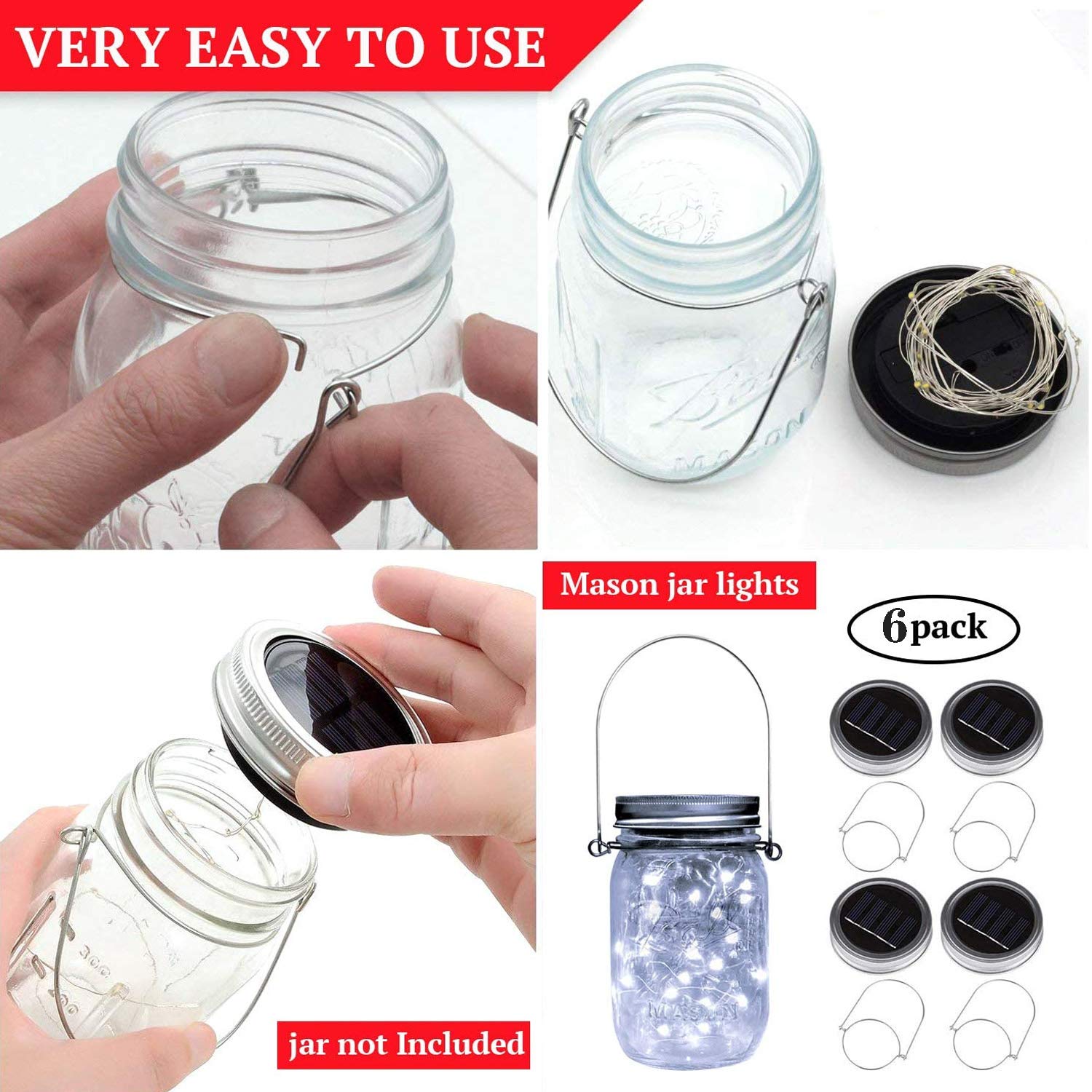 Vookry 6 Pack Solar Mason Jar Lights, 30 Led Mason Jar Lids Waterproof Firefly Fairy String Lights With 6 Hangers(No Jars), For